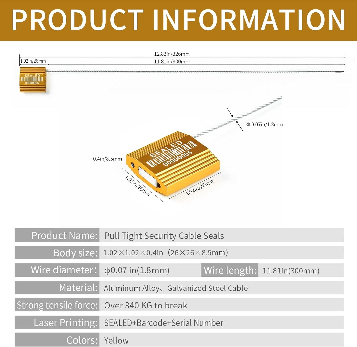 50 Yellow High Security Cable Seals with Barcode Pull Tight Numbered Steel Security Seals Metal Container Seals Anti-Tamper Shipping Self-Locking Tags for Logisitics ISO 17712 Certificated