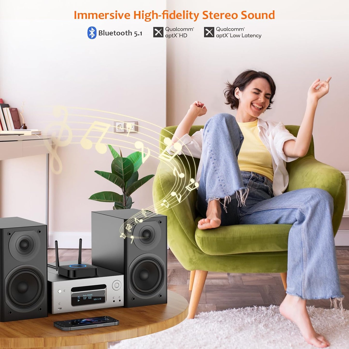 [Upgraded] 1Mii B06Pro Long Range Bluetooth Receiver, HiFi Wireless Audio Adapter, Bluetooth 5.1 Receiver with 3D Surround aptX HD Low Latency Optical RCA AUX 3.5mm Coaxial for Home Stereo System