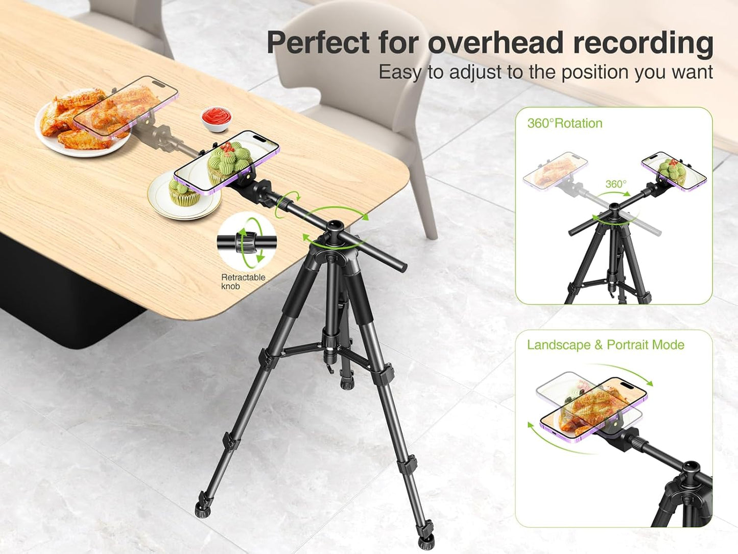 Elitehood Ultra-Stable Overhead Tripod for iPhone – Heavy Duty Aluminum iPhone Tripod Stand, 360°Adjustable & 25in Horizontal Long Phone Arm, Tall Phone Holder Stand Mount for Recording