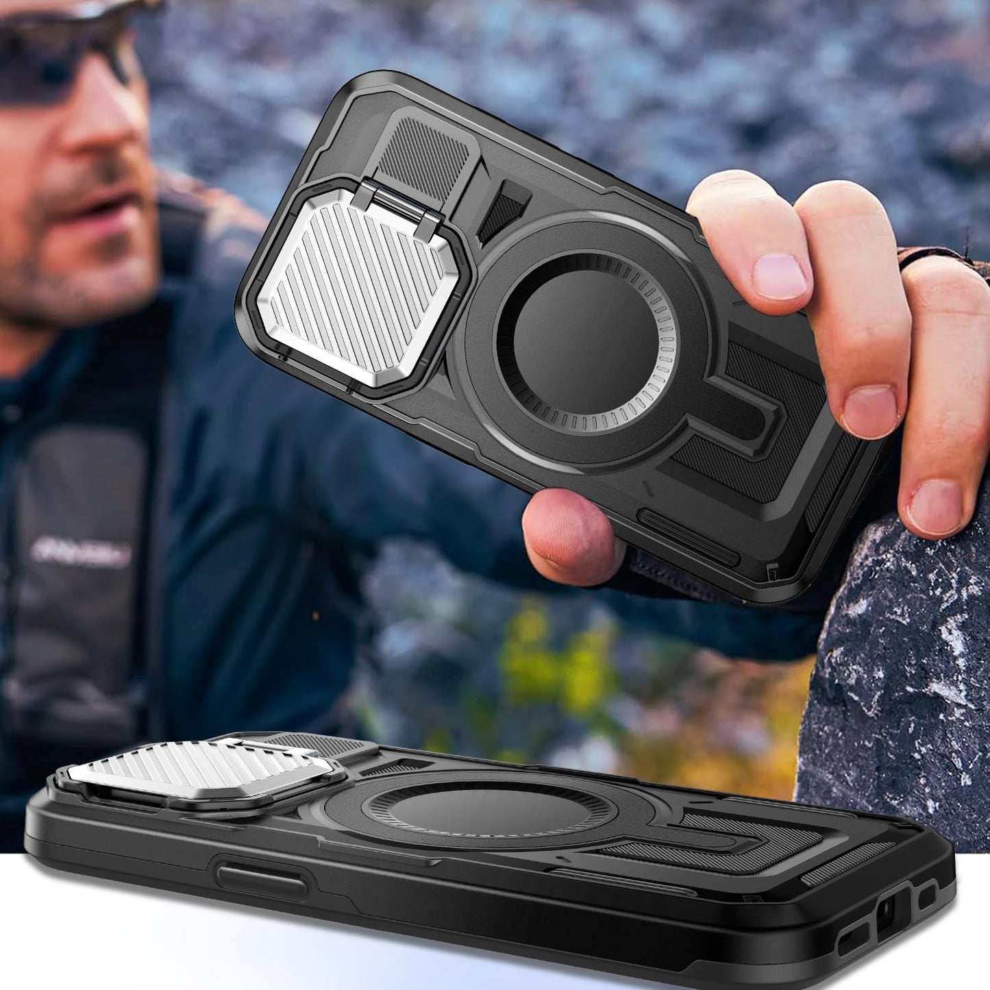 Camera Stand Case for iPhone 15 Pro Max, [Compatible with MagSafe] [Lens Cover] 2024 Version Military Grade Protective Soft Case for iPhone 15 Pro Max 6.7 inch Men Women, Black