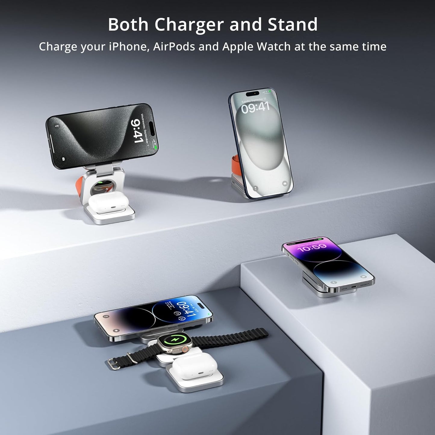 LULULOOK 3 in 1 Wireless Charger, Foldable Charging Station 15W Fast Mag-Safe Charger for Apple 15 14 13 12, 5W for Apple Watch, AirPods 3/2/Pro