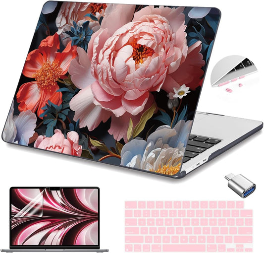 Teryeefi Compatible with A2681 A3113 A3240 MacBook Air 13.6 inch Case M2 M3 M4 Release 2022 2023 2024 2025,Design Slim Cover+Keyboard Cover+OTG Adapter for 13.6 inch MacBook Air, Colorful Peonies