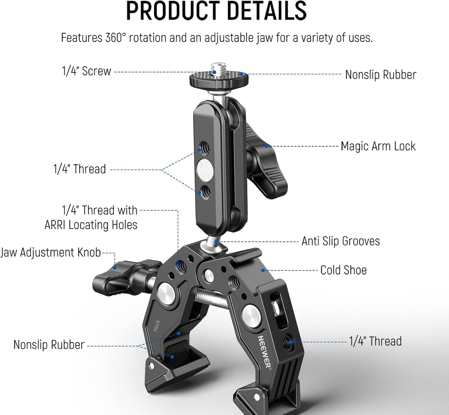 NEEWER Super Clamp with 3" Dual Ballhead Magic Arm, Cold Shoe, 1/4" Threads, Phone/Action Camera Mount Adapter for Desk Tripod Tube Crossbar Gimbal Rods Compatible with SmallRig GoPro DJI, ST83