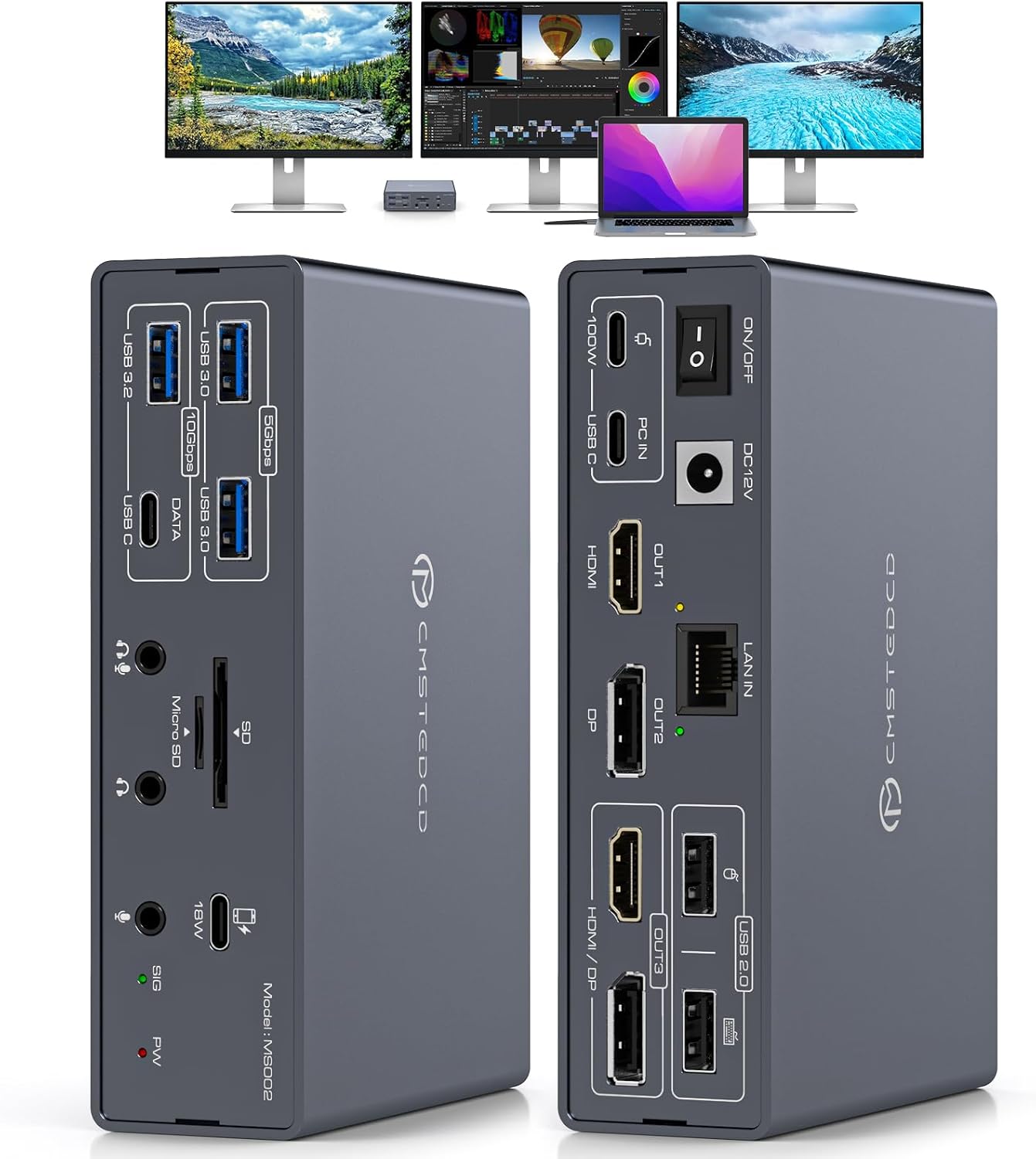 TJCXELE Displaylink Docking Station 4K@60Hz 3 Monitors USB C Dock for MacBook M1 M2 M3 M4,19-in-1 Thunderbolt Dock with 2 HDMI & 2 DisplayPort,PD 100W/USB 3.2 10G USB/Ethernet/Card Readers/Audio