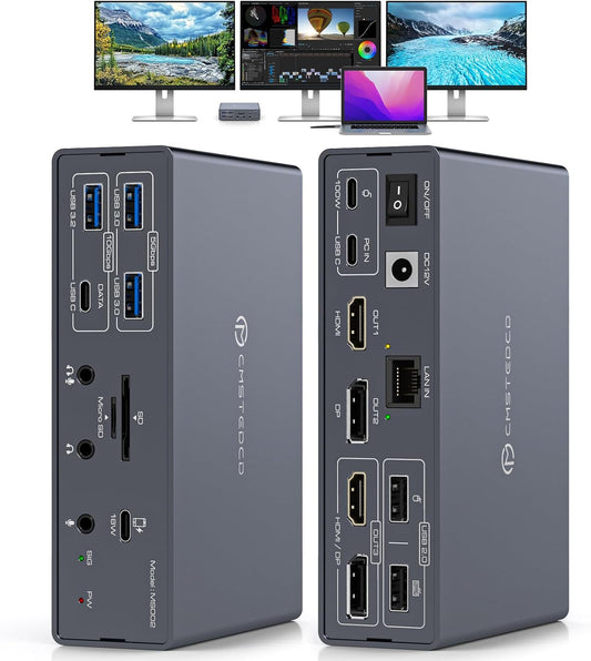 TJCXELE Displaylink Docking Station 4K@60Hz 3 Monitors USB C Dock for MacBook M1 M2 M3 M4,19-in-1 Thunderbolt Dock with 2 HDMI & 2 DisplayPort,PD 100W/USB 3.2 10G USB/Ethernet/Card Readers/Audio