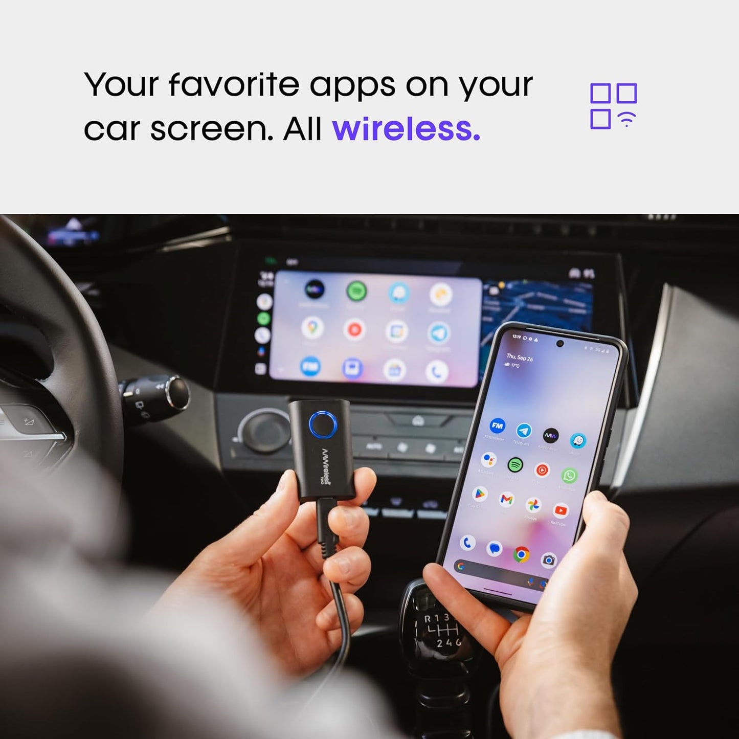AAWireless Two - Android Auto Wireless Adapter - Convert Factory Wired Android Auto to Wireless - Multifunctional Button - Easy Plug and Play Setup - Seamlessly Connect Via Bluetooth - Made in Europe
