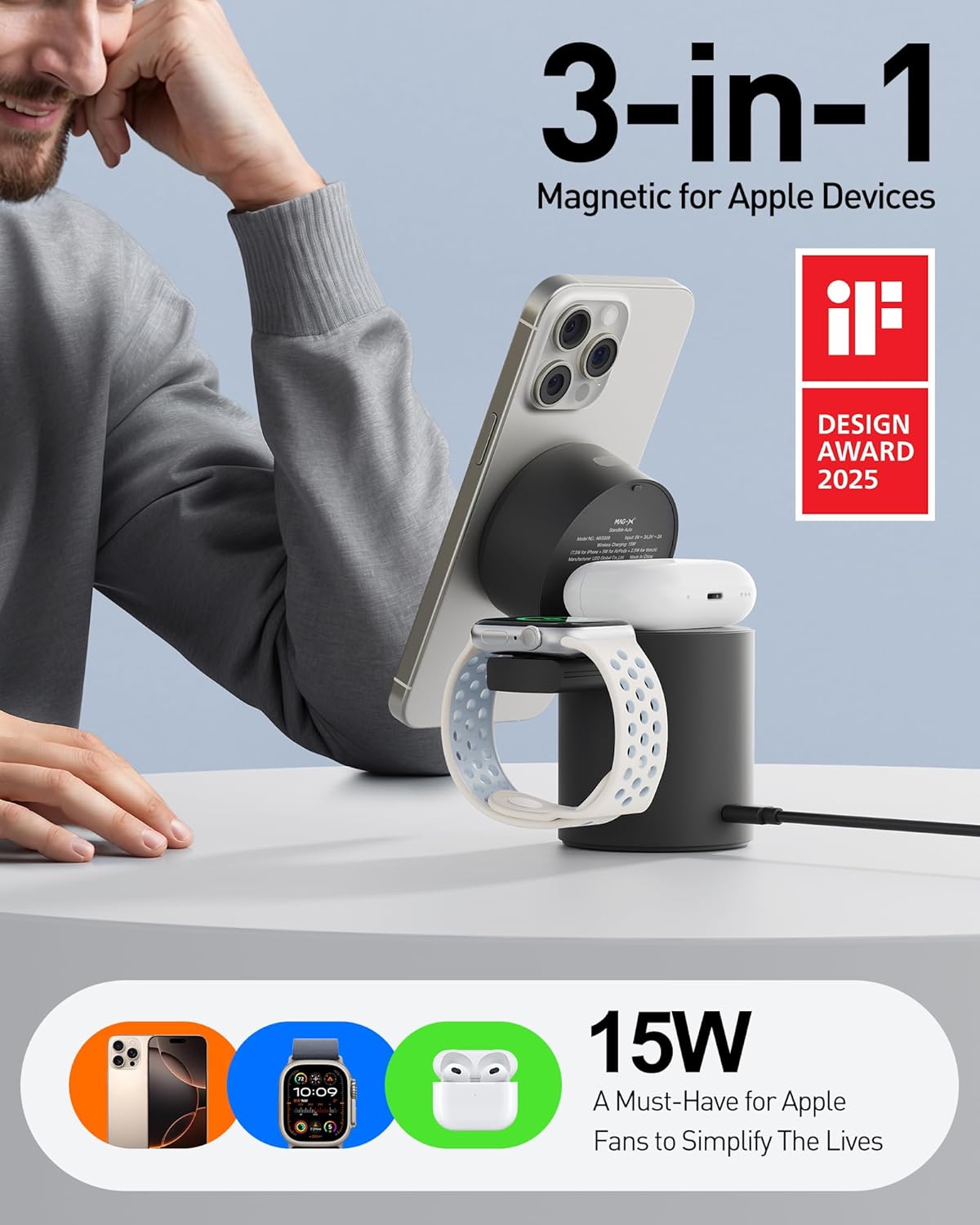 iWALK 3 in 1 Wireless Charging Stand with Auto Rotation, Charging Station with Magnet for Apple Devices, 15W Foldable Wireless Charger Station for iPhone 16 15 14 13 12 & Apple Watch & Airpods, Black