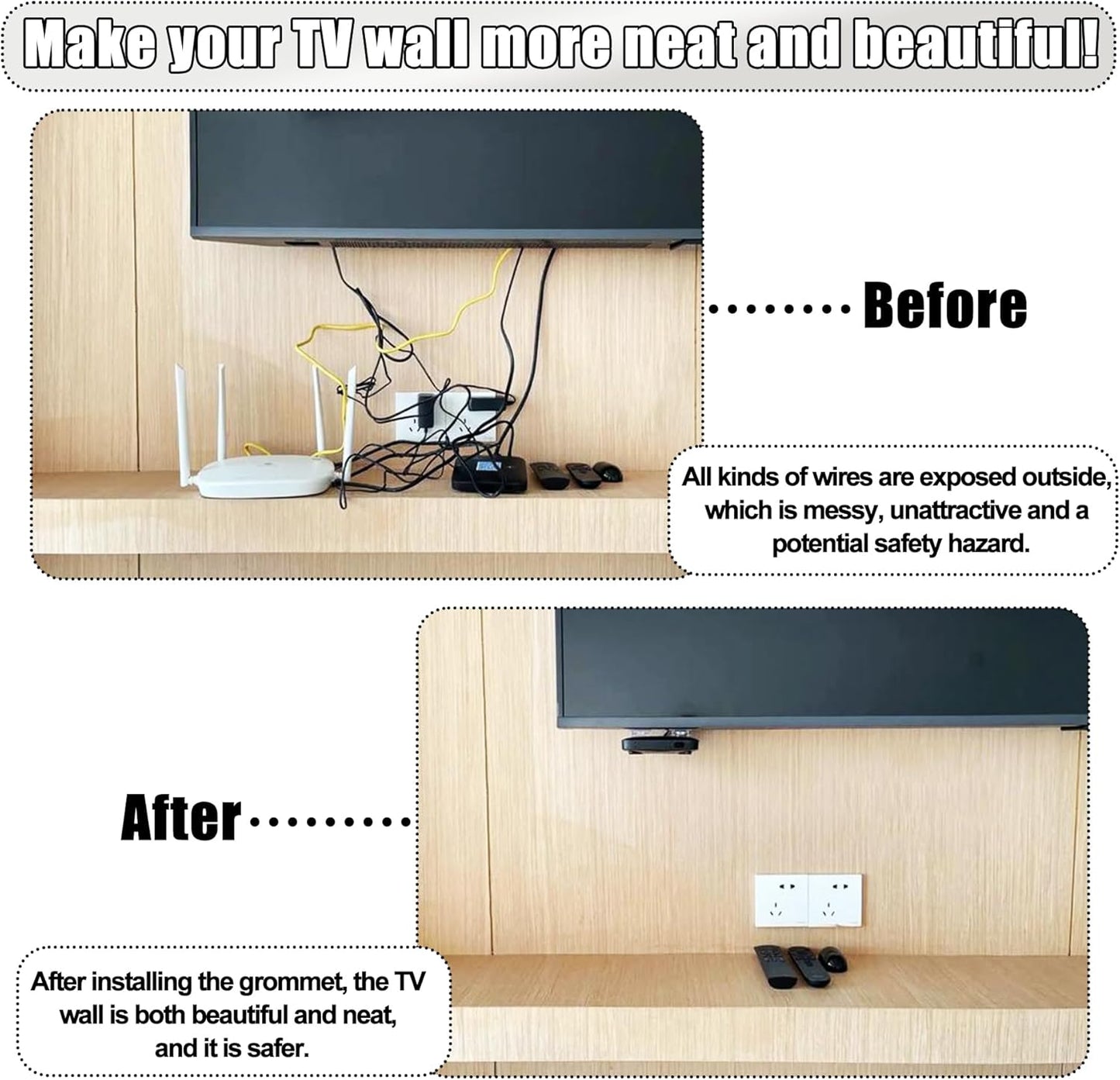 6Pack TV Cord Hider, 2-3/8"(60mm) in Wall Cable Management Kit,Cord Hider for Wall Mounted TV,Behind Wall TV Wire Kit Cable Hider,Includes 2 Pass Throughs and Hole Saw Drill Attachment(White)