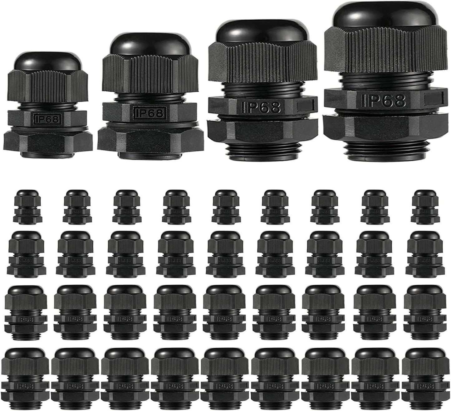 PENGLIN Cable Glands NPT Nylon Cable Connector, Strain Relief Cord Connector, IP68 Waterproof Adjustable Locknut(1/4" 1/2" 3/4" 1" Glands Combo (40Pack))