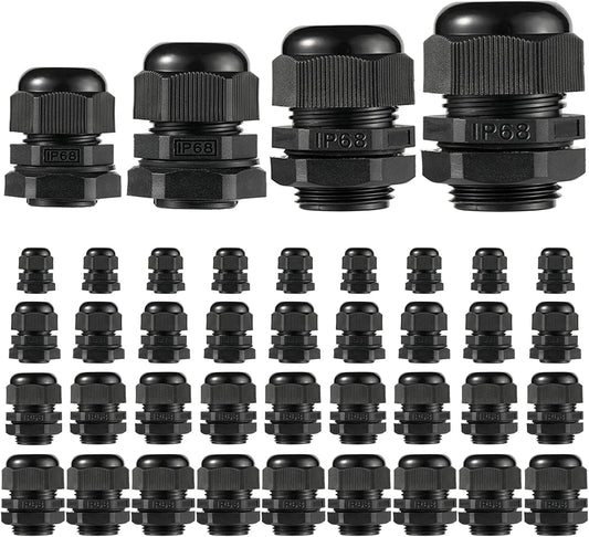 PENGLIN Cable Glands NPT Nylon Cable Connector, Strain Relief Cord Connector, IP68 Waterproof Adjustable Locknut(1/4" 1/2" 3/4" 1" Glands Combo (40Pack))
