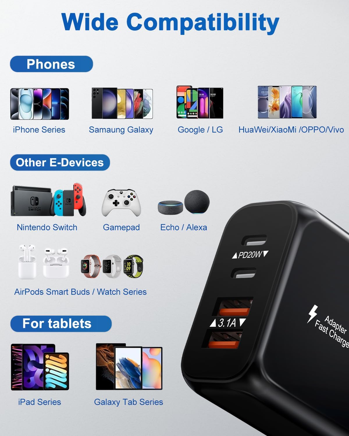 40W USB C Charger Block, 2 Pack 4-Ports Type C Fast Charging Cubes PD USBC Wall Plug+QC 3.0 USB A, Multiple USB C Charger for iPhone 16/15/14/13/12/11 Pro Max/XS, Samsung Galaxy, iPad, Tablet, Pixel