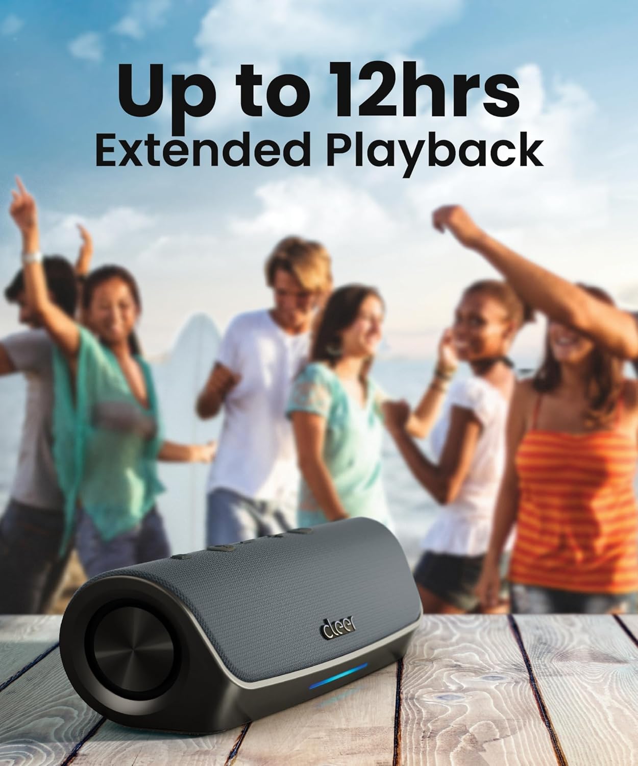 Cleer Scene Wireless Bluetooth Speaker, Stereo Wireless Pairing, Waterproof IPX7, 12Hrs Play time, Deep Bass, Built-in Mic, Powerful Portable Speakers, for Outdoor & Party, Home, Grey