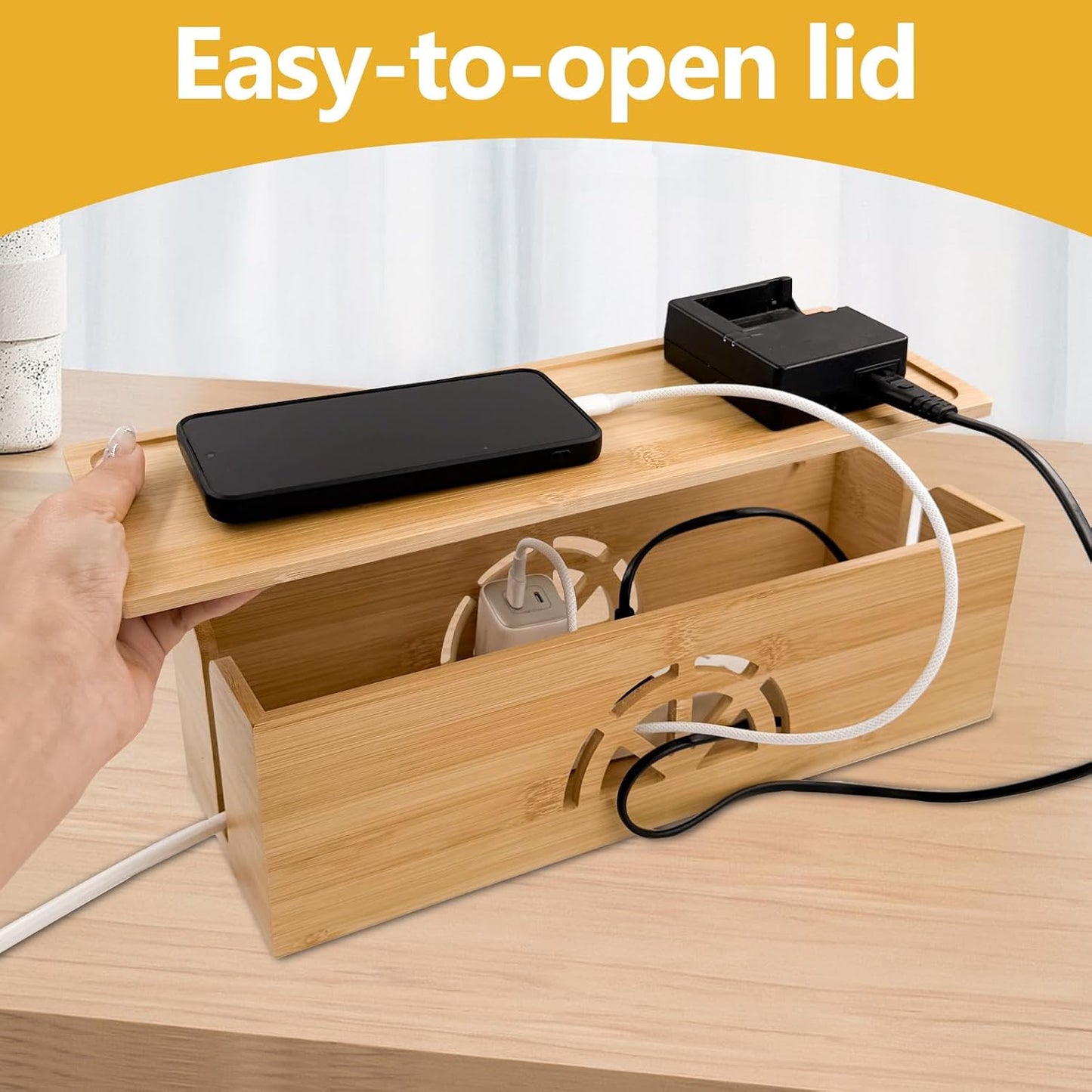 Bamboo Cable Management Box,Extra Large Cord Organizer Box,Power Strips Hider,Plug Strip Cord Box,Outlet Holder,Cords Concealer,Wires Covers,Desk & Floor Tidy Solution (Straight lid)