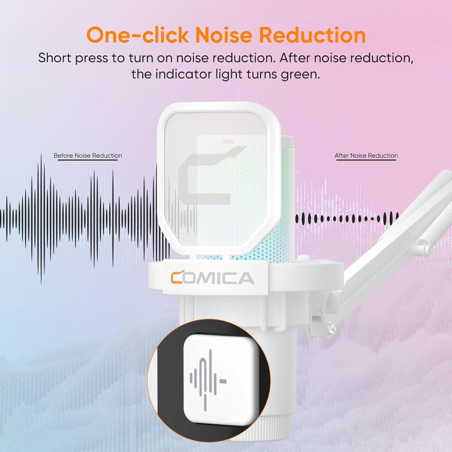 COMICA EJoy Uni USB Microphone for PC Gaming, Streaming, Podcast, YouTube, with Noise Cancellation, Mute, Gain, Monitoring - Condenser Mic for PS5, PS4, Mac, Computer (Boom Arm Mic) - White