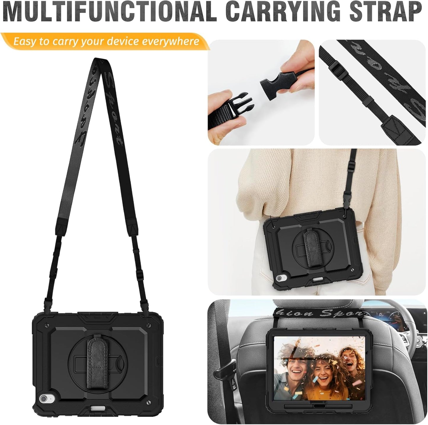 HXCASEAC Case for iPad Air 11 inch (2025 M3 / 2024 M2), Shockproof Design with Pencil Holder/Screen Protector/Rotating Hand Strap, Protective Cover for iPad Air 7th/6th Generation - Black