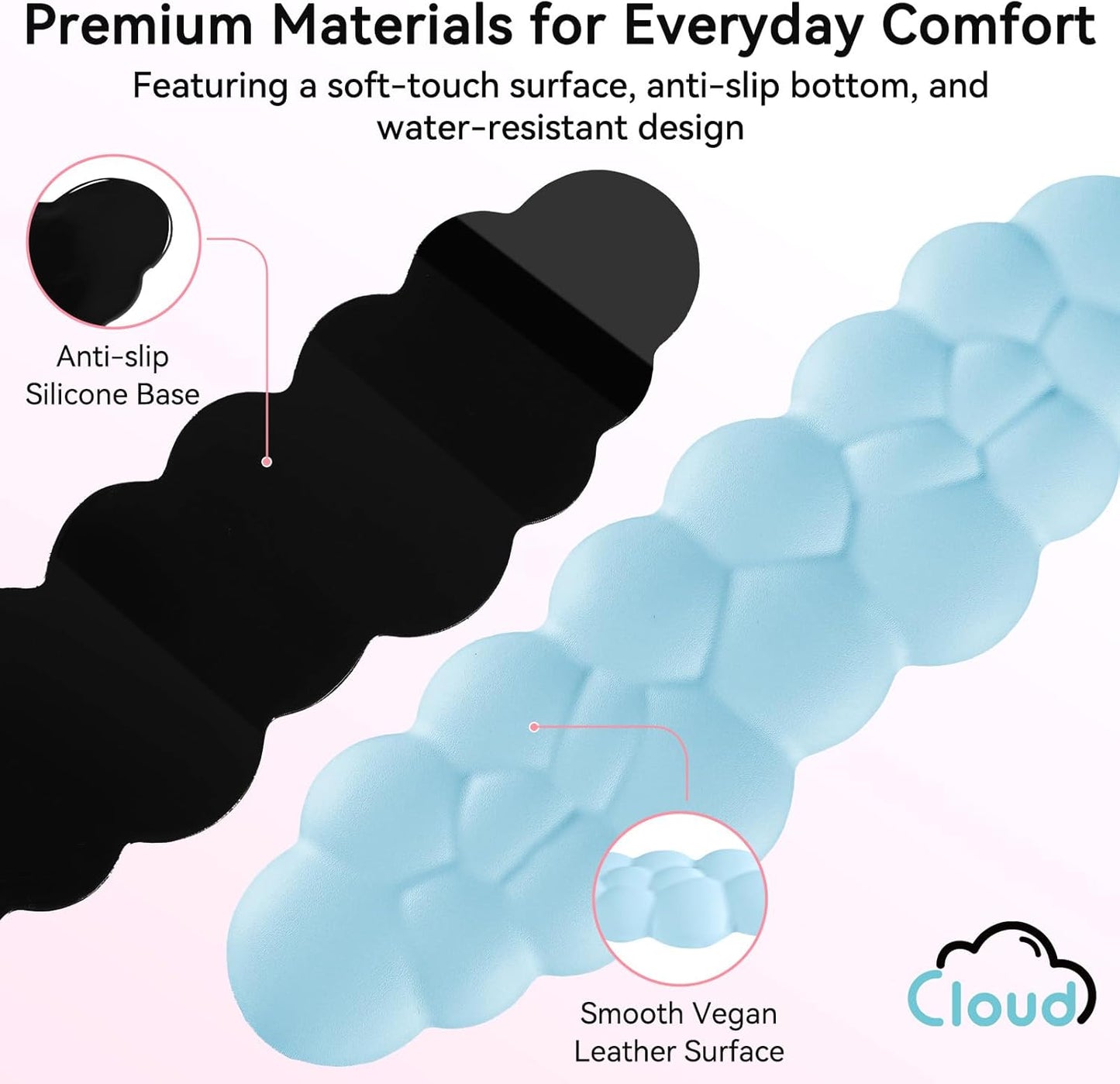 Cloud Wrist Rest for Computer Keyboard, 4-in-1 Memory Foam Leather Cloud Keyboard Wrist Rest and Mouse Pad Set with Ergonomic Support for Arm and Palm Cushion, Gaming/Work Setup, Blue