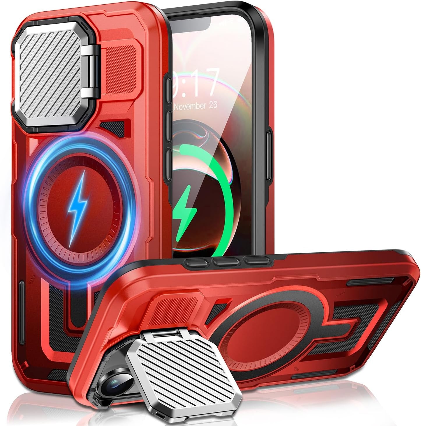 Camera Stand Case for iPhone 16E, [Compatible with Mag Safe] [Lens Cover] 2024 Version Military Grade Protective Soft Case for iPhone 16E 6.3 inch Men Women, Red