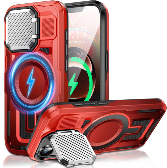 Camera Stand Case for iPhone 16E, [Compatible with Mag Safe] [Lens Cover] 2024 Version Military Grade Protective Soft Case for iPhone 16E 6.3 inch Men Women, Red