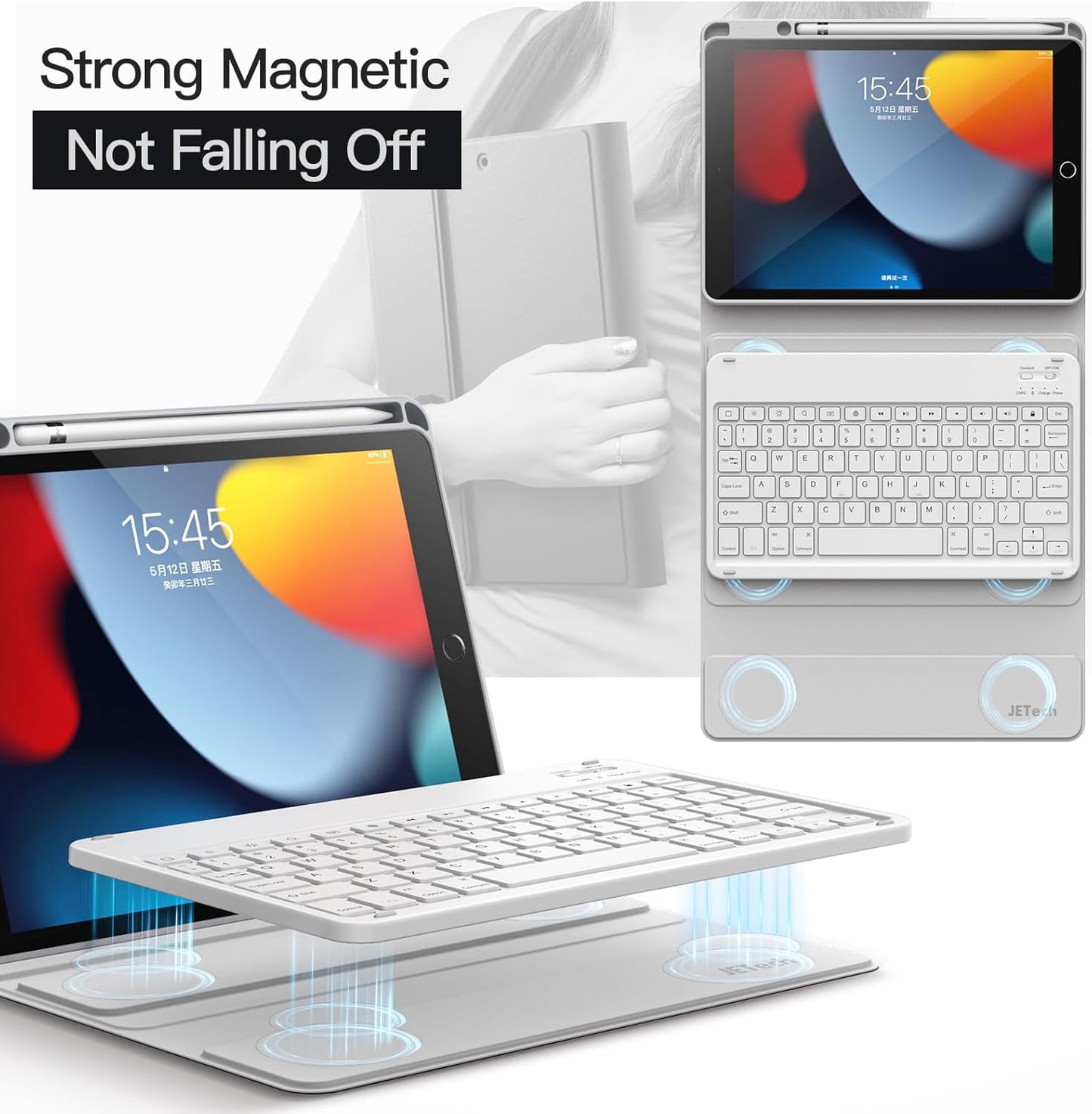 JETech Keyboard Case for iPad 10.2-Inch (2021/2020/2019 Model, 9th/8th/7th Generation) with Pencil Holder, Magnetic Detachable Bluetooth Wireless Keyboard, Soft TPU Back Stand Cover (Silver)