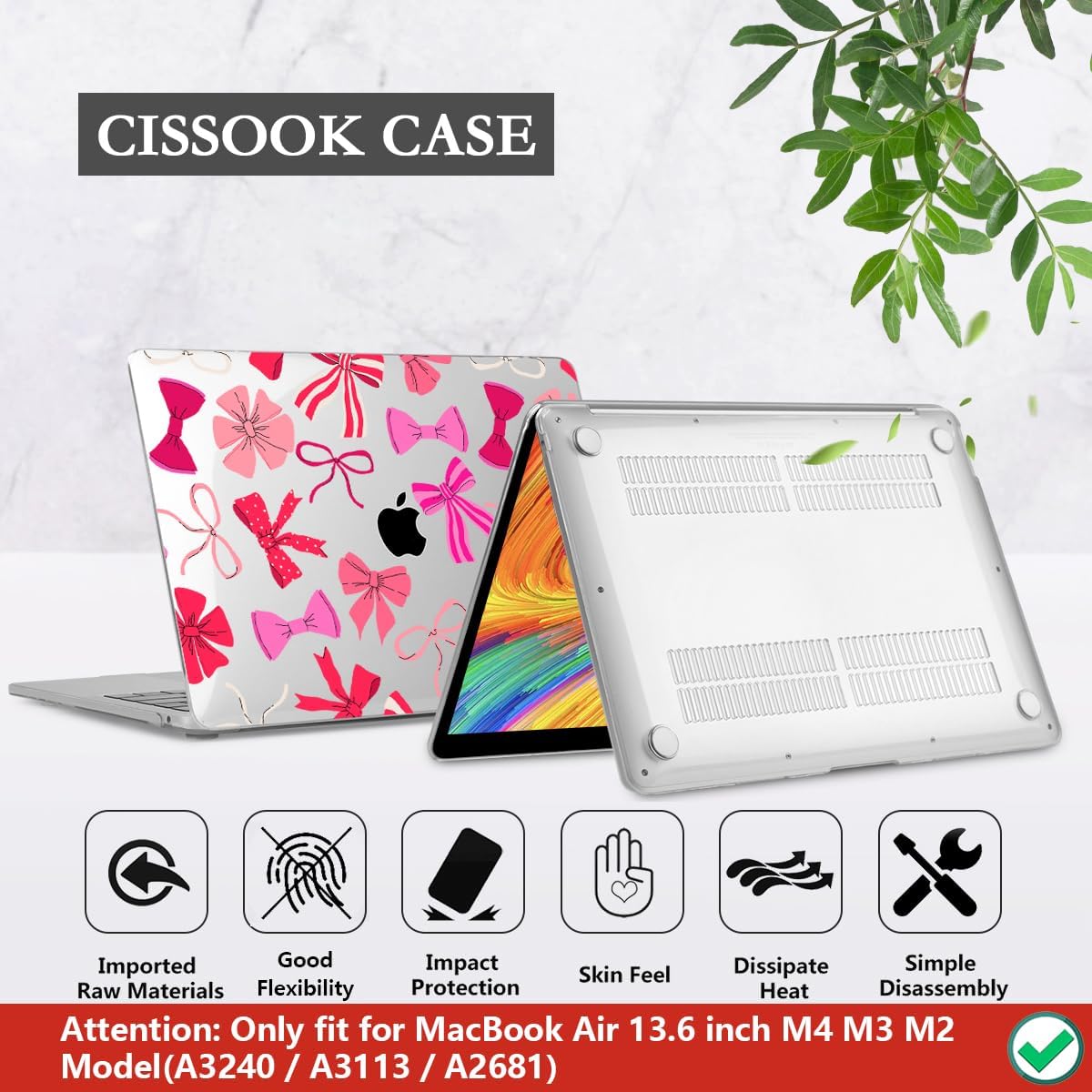 CISSOOK Compatible with MacBook Air 13.6 inch Case 2025 2024 2023 2022 Release A3240 A3113 A2681, Plastic Hard Shell Case Keyboard Cover Screen Protector for MacBook Air 13inch M2 M3 M4, Pink Bows