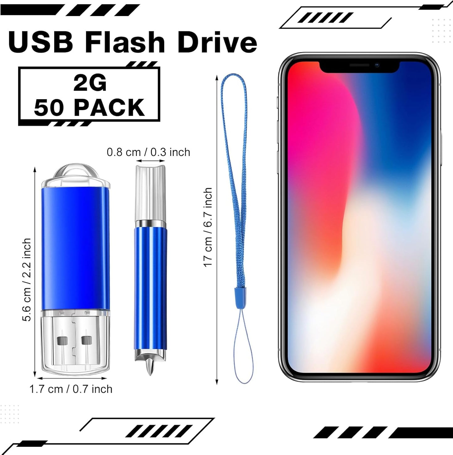 Hoteam 50 Pack USB 2.0 Flash Drives Bulk Blue Portable Thumb Drive with Hat USB Sticks Bulk with 50 Pcs Lanyards for Data Storage File Sharing Commercial Gift(2GB)