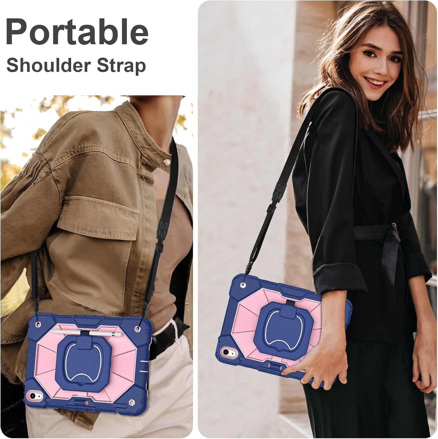 Case for iPad (A16) 11th Generation 11 Inch (2025), iPad 10th Generation Case 10.9 Inch (2022), Shockproof Cover with 360° Rotating Stand Screen Protector Pen Holder Shoulder Strap, Navy Rose