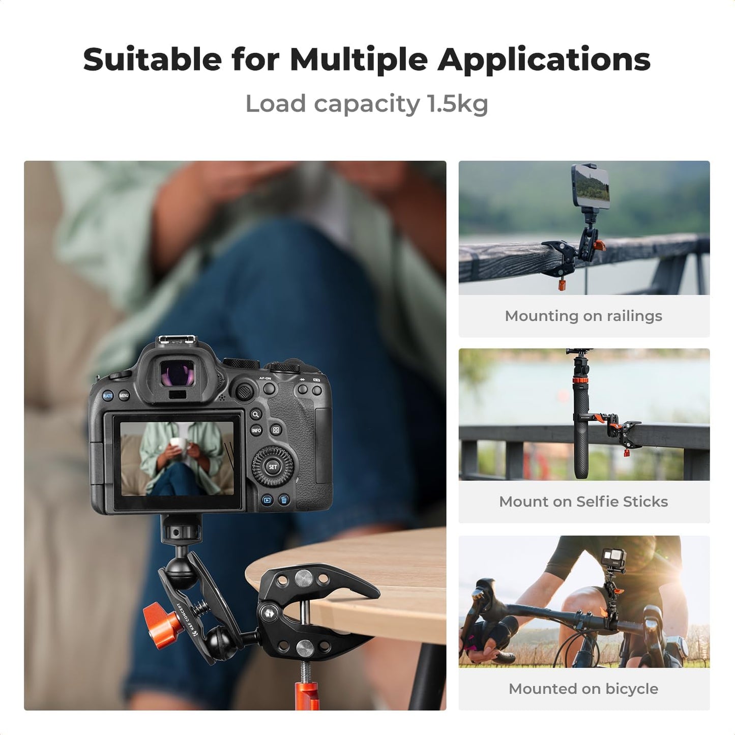 K&F CONCEPT Double Super Clamp Camera Mount with 1/4" Threads Metal Clamp for Chair, Pole, Tripod, Desk, Flag, Umbrella, Motorcycle Mount