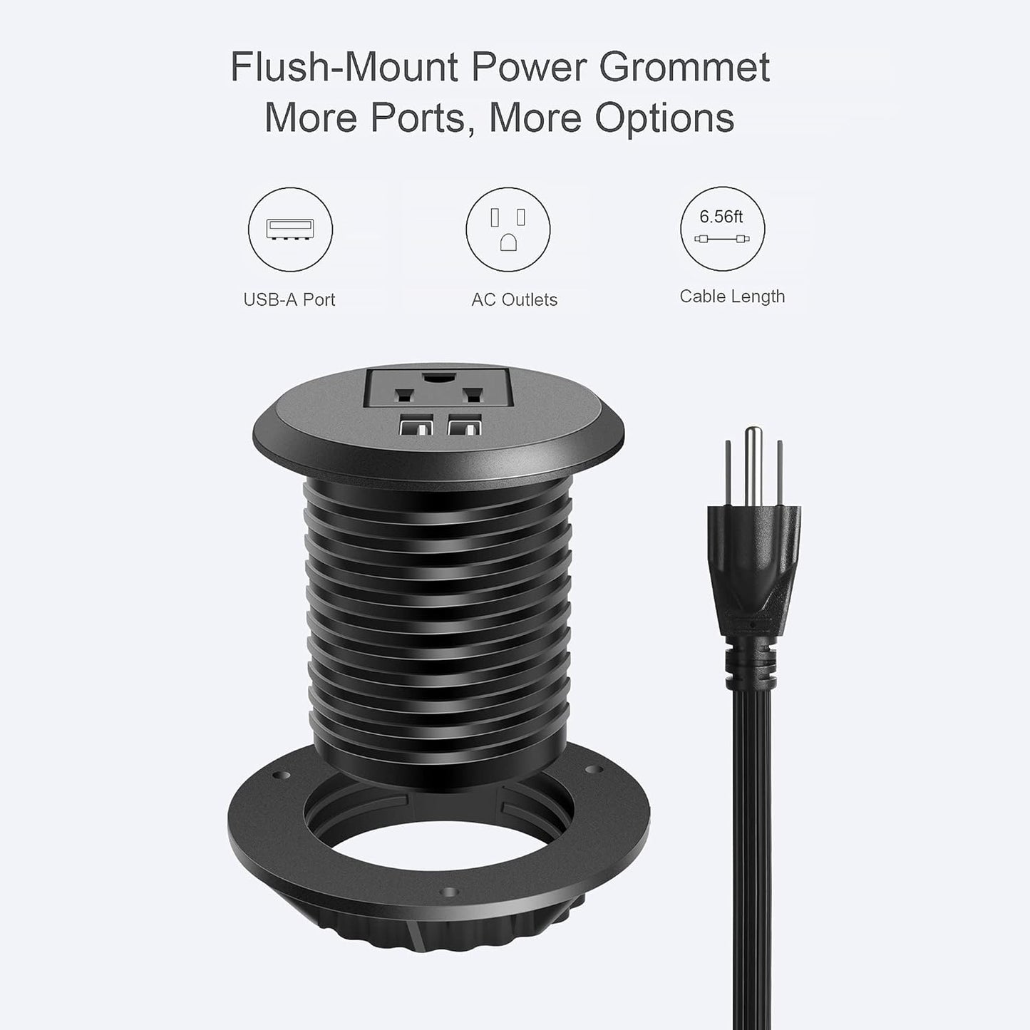 Jgstkcity Desktop Power Grommet, 2 inch, Black, 1 AC Outlet and 2 USB Ports, 6.56ft Cable, Fire Resistant Outer Shell