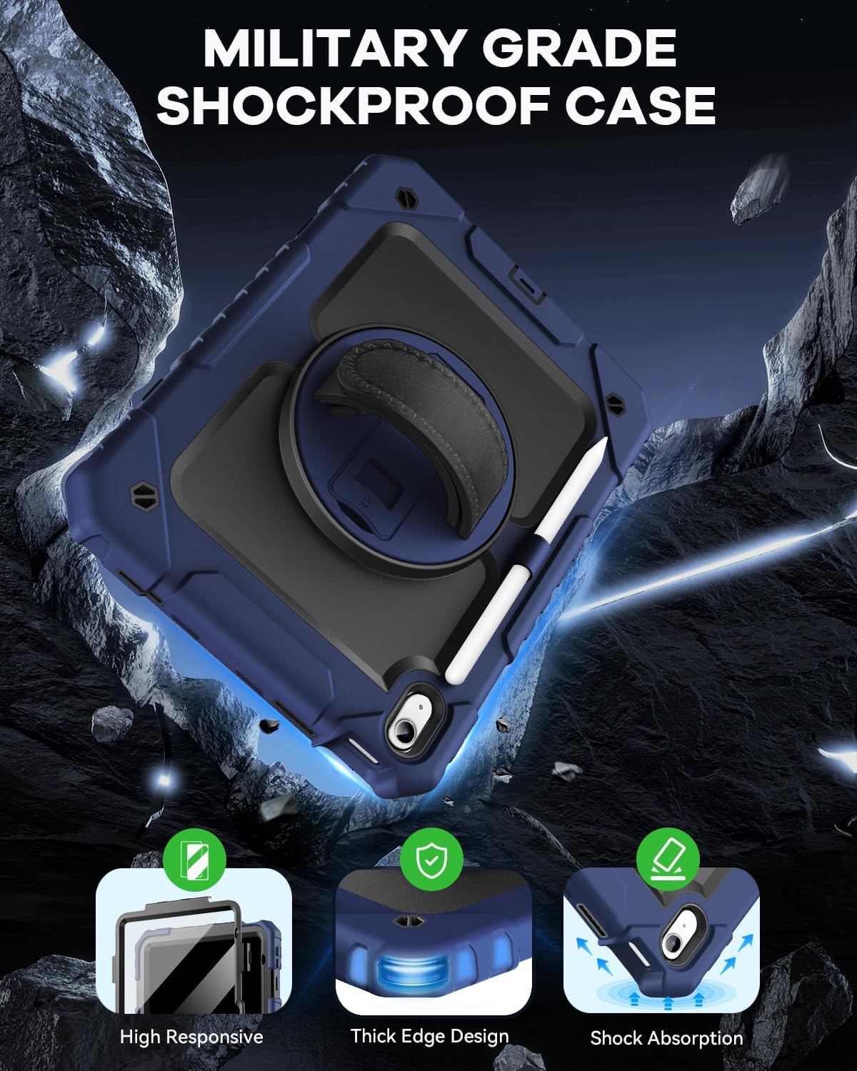 Cantis Case for iPad 11-inch (A16) 2025/ iPad 10th Generation 2022 (10.9 inch) with Screen Protector, iPad 11th Case with 360 Degree Rotating Stand/Shoulder Strap/Pencil Holder, Navy Blue