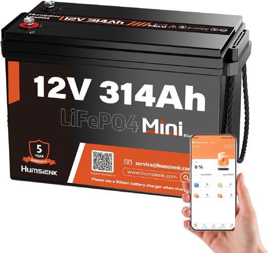 12V 300Ah (314Ah) LiFePO4 Lithium Battery Bluetooth MINI, Max. 4190Wh Energy, EV A+ Cells, Built-in 100A BMS, 15000 Deep Cycles Batterys for RV, Marine, Solar