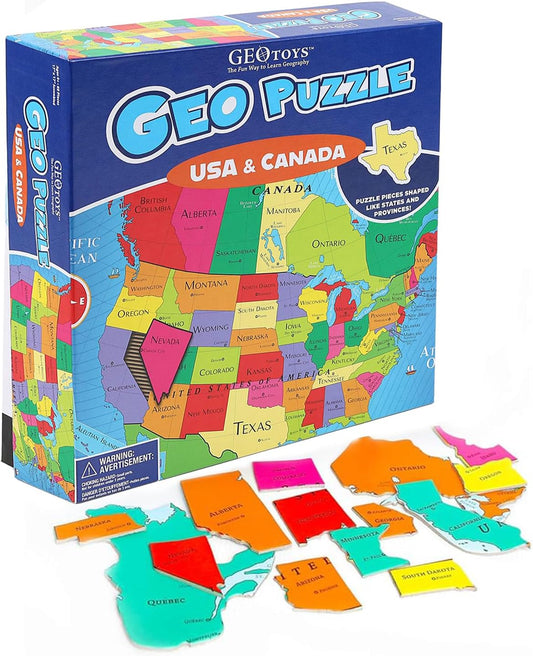 GeoToys GeoPuzzle, USA & Canada Shaped Jigsaw Puzzles, 69 Pc Geography Puzzle, Geography Game, Map Puzzle - Jigsaw Puzzles for Kids Ages 6-9 Years Old