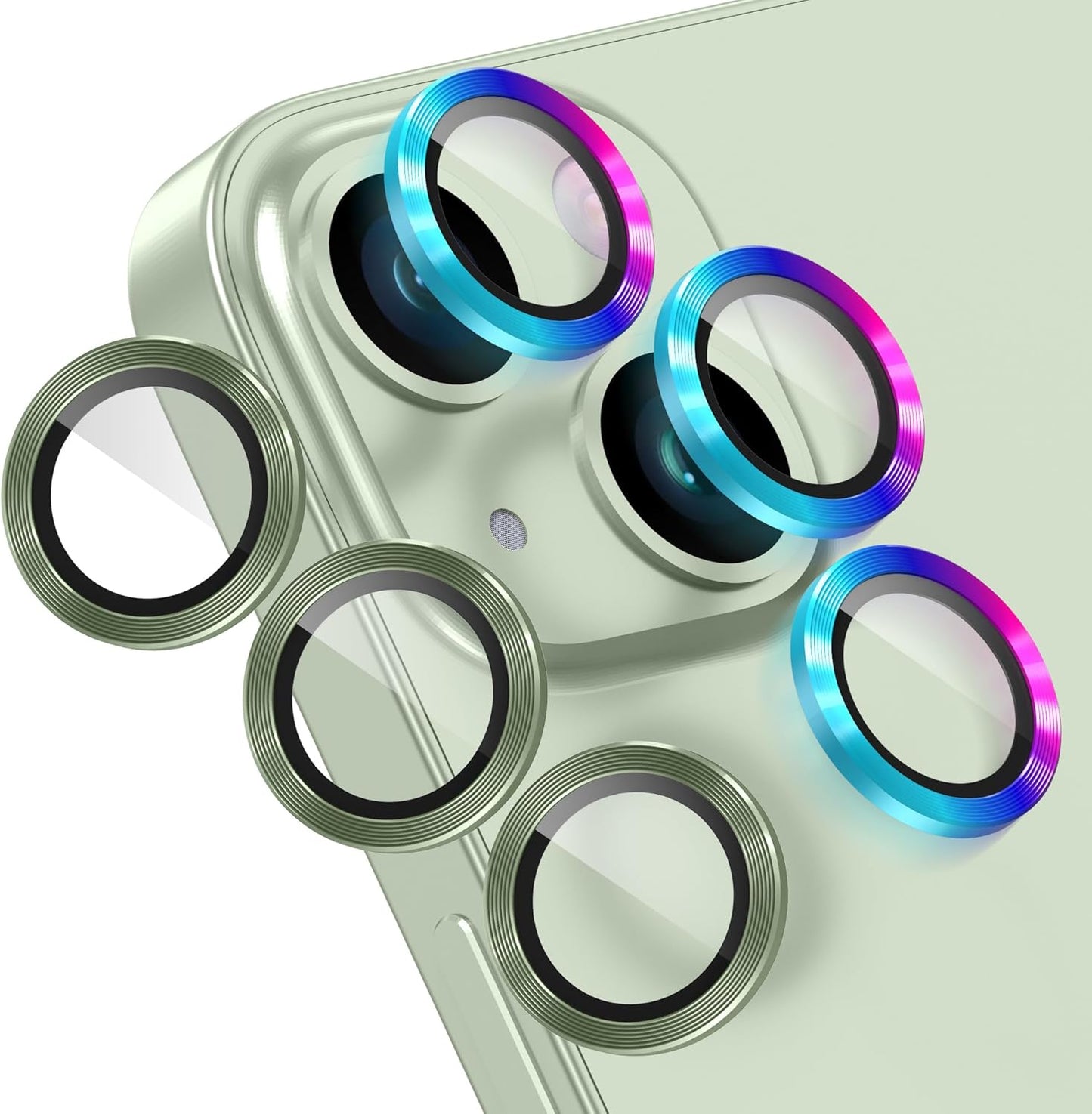 AGVEE 3+3 6 Pack for iPhone 15 6.1" / 15 Plus 6.7" Camera Lens Cover Protector, Metal Ring 9H Tempered HD Glass Camera Cover Protector Film, Green
