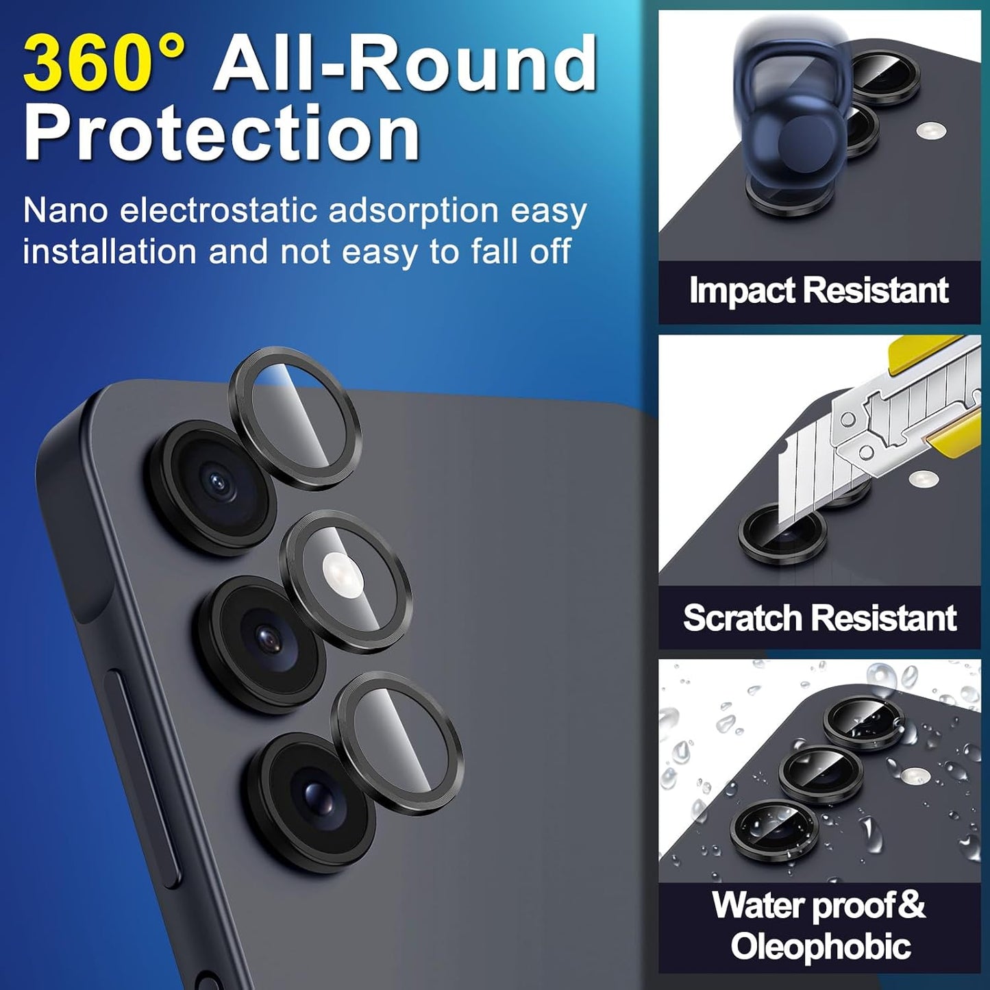 for Samsung Galaxy A16 Camera Lens Protector, Individual Metal Ring Tempered Glass Lens Cover, [Strong Adsorption] Scratch Resistant Ultra-Thin HD Clear Lens Cover, 1 Set-Black