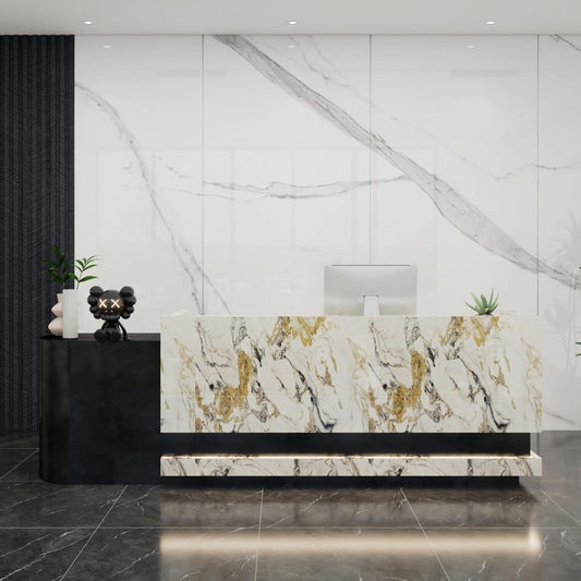 Front Desk Reception Counter - Lockable Storage & Keyboard Tray | Reception Desk with Counter, Customizable Large Counter Table (Black+White, 108'')