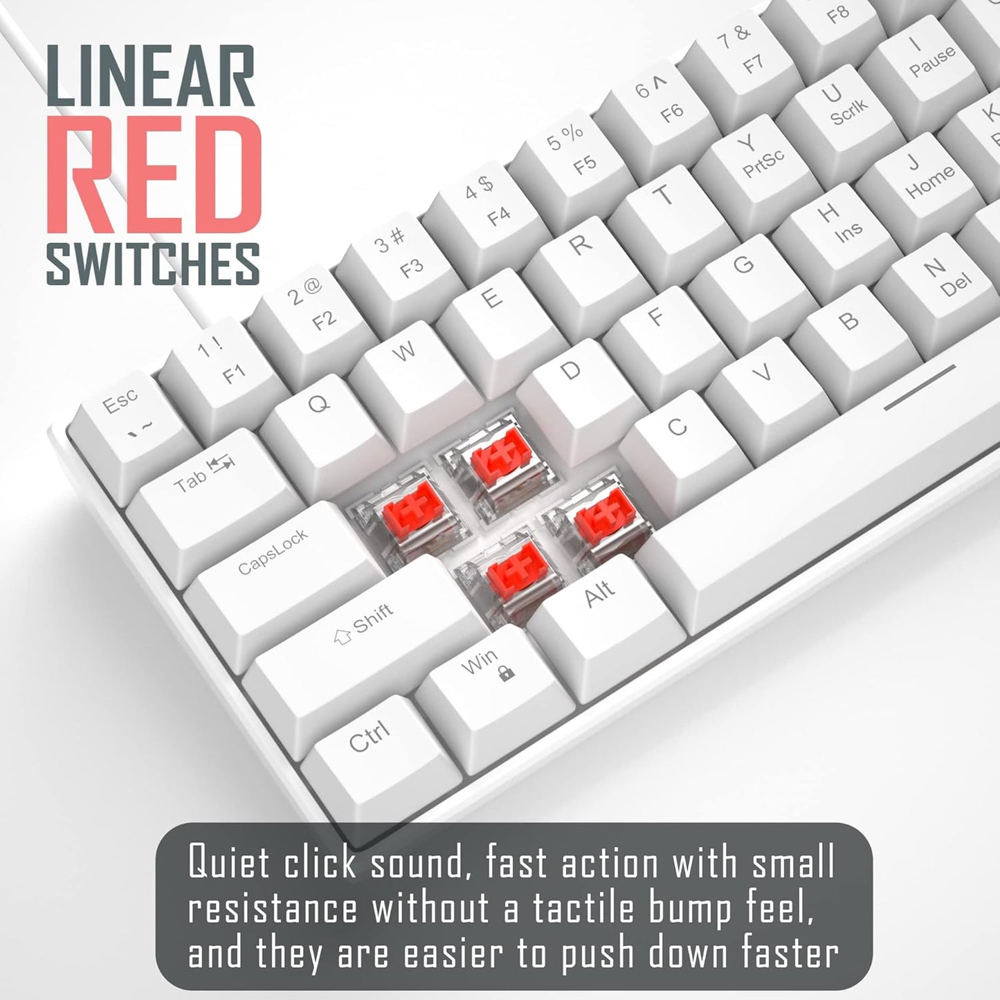 60% Mechanical Gaming Keyboard, White Gaming Keyboard with Red Switches, Detachable Type-C Cable Mini Keyboard with Blue LED Light for/PC/Laptop