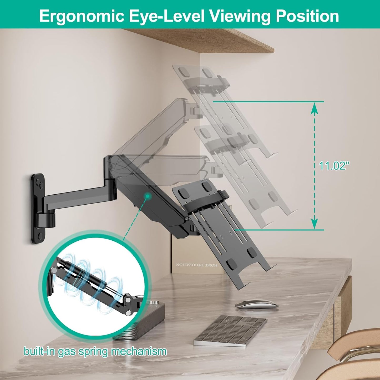Laptop Wall Mount, 2-in-1 Gas Spring Wall Holder with Vented Tray for 12"-17" Notebook/13-32 Computer Screen, Full Motion Adjustable Wall Mount Laptop Stand Holds 3.3-17.6lbs