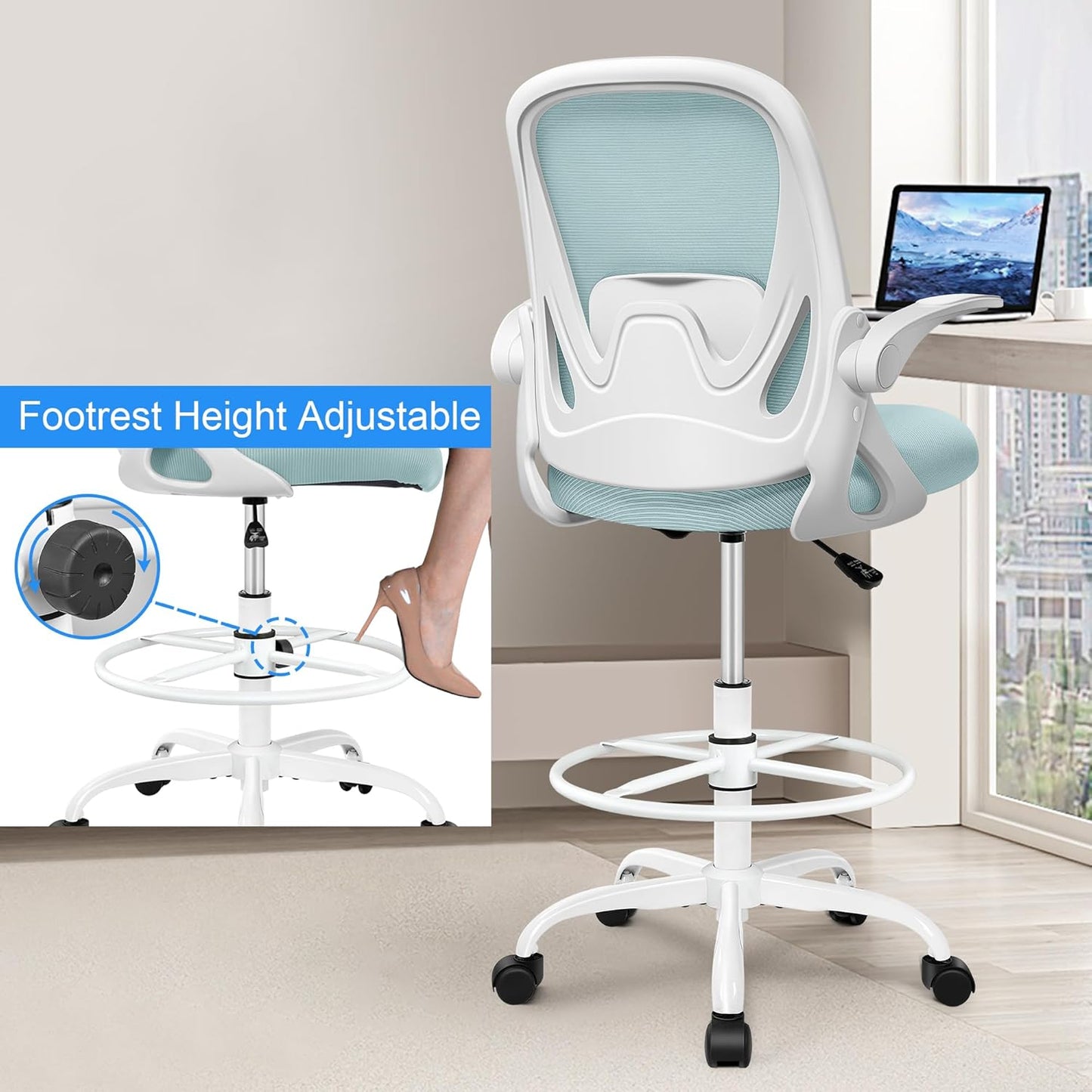 Drafting Chair Tall Office Chair with Flip-up Armrests, Adjustable Height, and Enhanced Lumbar Support - Ergonomic Rolling Stool, Back Support, and Adjustable Foot Rest Ring Light Blue