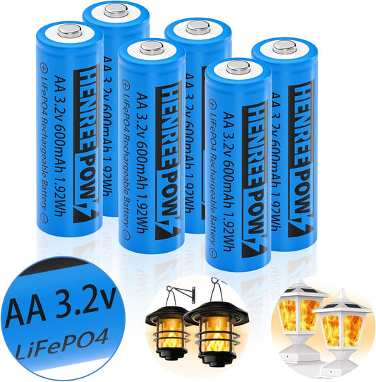 Henreepow AA 3.2v Solar Rechargeable Batteries, LiFePo4 Double A 600mAh 3.2v 1.92wh Solar Battery, 3.2v Rechargeable Batteries for Solar Lights, Wall Lantern, Solar Post Lights（AA-3.2v-6pack）