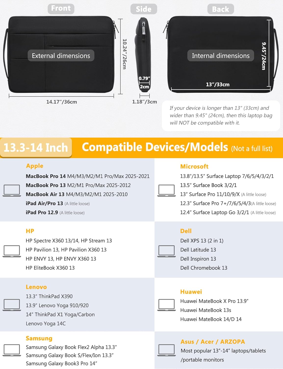 HYZUO 13.3-14 Inch Laptop Sleeve Bag for MacBook Pro 14 M5-M1, MacBook Air/Pro 13, 13.8-13 Surface Laptop/Book, Portable Notebook Case for 13" HP Dell Lenovo ThinkPad Asus Acer Samsung, Classic Black