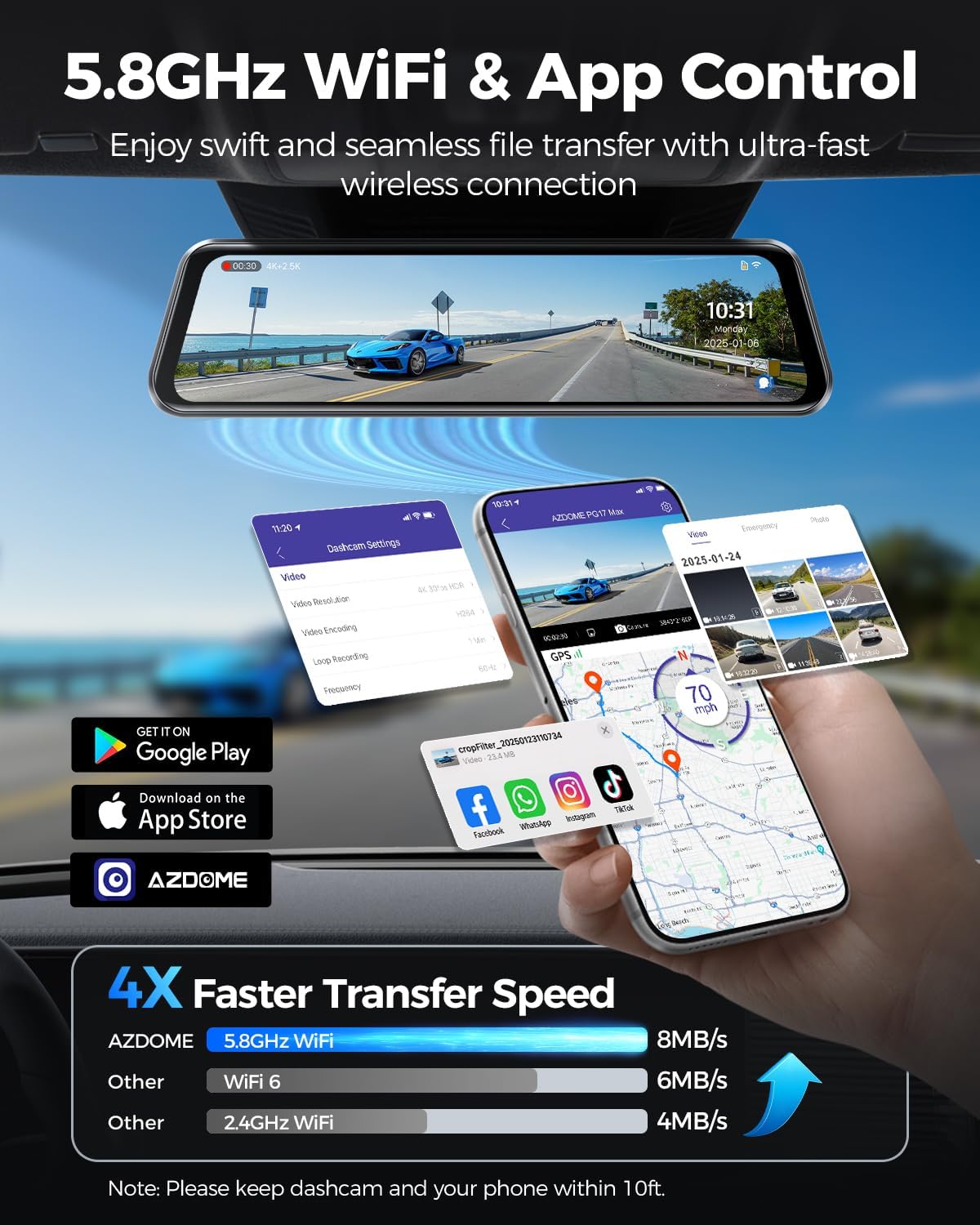 AZDOME PG17 Max 4K+2.5K Mirror Dash Cam with ADAS, BSD and LCA, 12" Rear View Mirror Camera with 5GHz WiFi and Voice Control, Rearview Mirror Backup Camera Includes 64GB Card, GPS, Parking Monitor