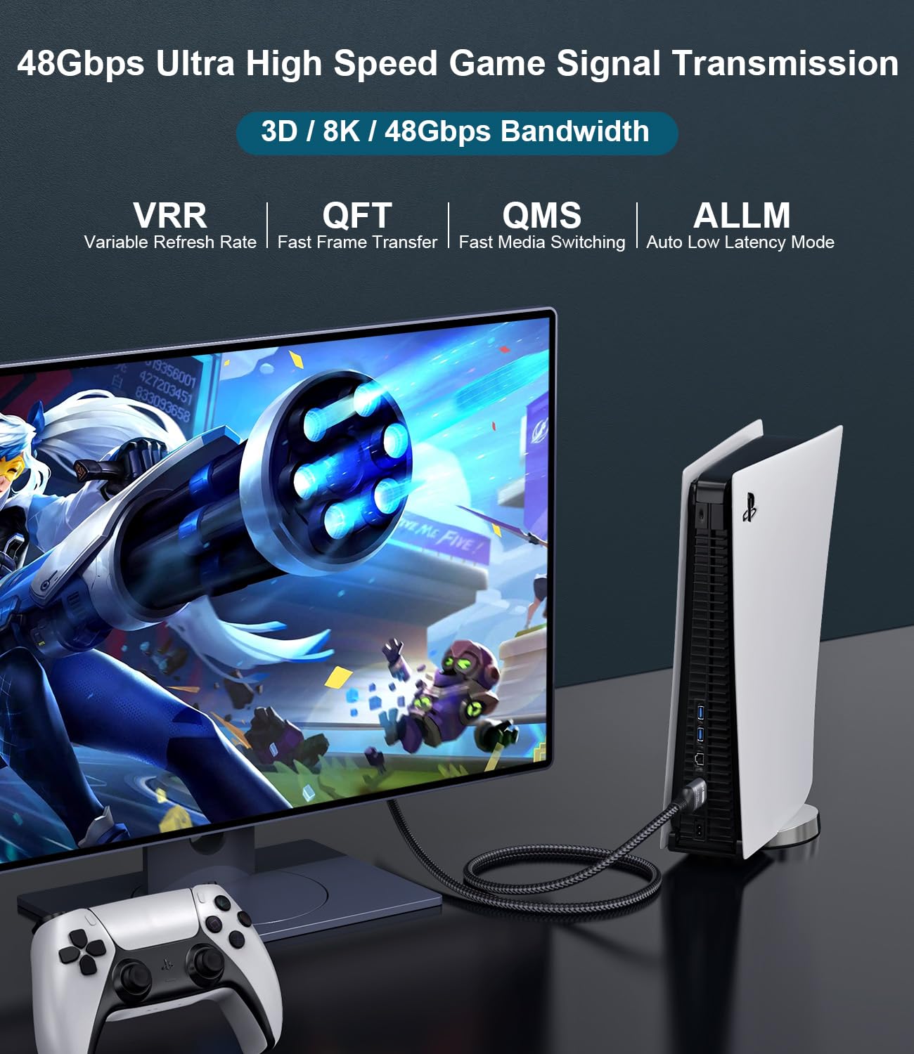 Certified 10K 8K HDMI 2.1 Cable 16.4 FT, 48Gbps Ultra High Speed HDMI Cable with Ethernet 4K 240Hz 165Hz 144Hz 120Hz 8K60Hz eARC HDCP2.3 HDR10+ PC Laptop TV Monitor Projector