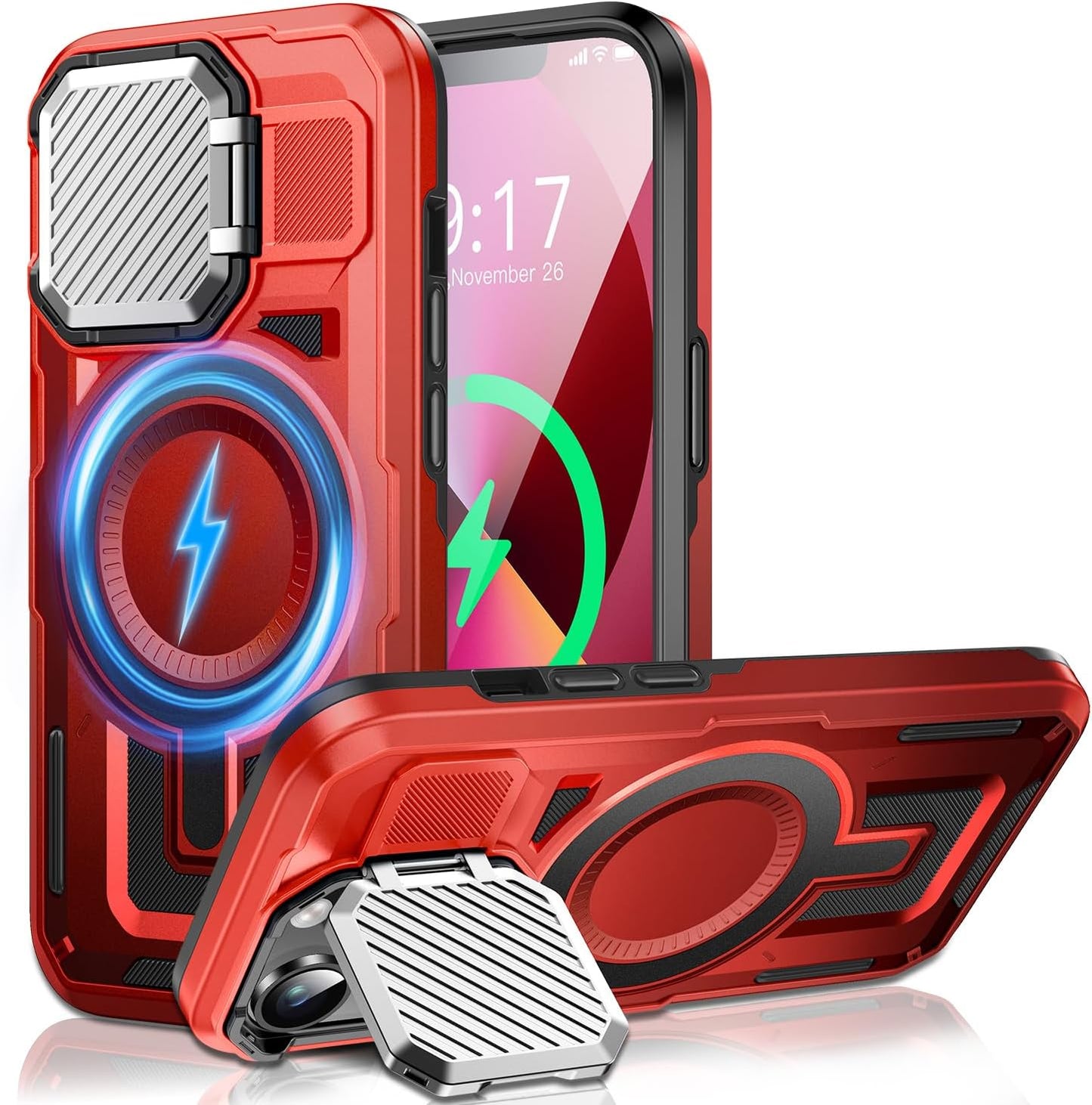 Camera Stand Case for iPhone 14 Plus, [Compatible with Mag Safe] [Lens Cover] 2024 Version Military Grade Protective Soft Case for iPhone 14 Plus 6.7 inch Men Women, Red