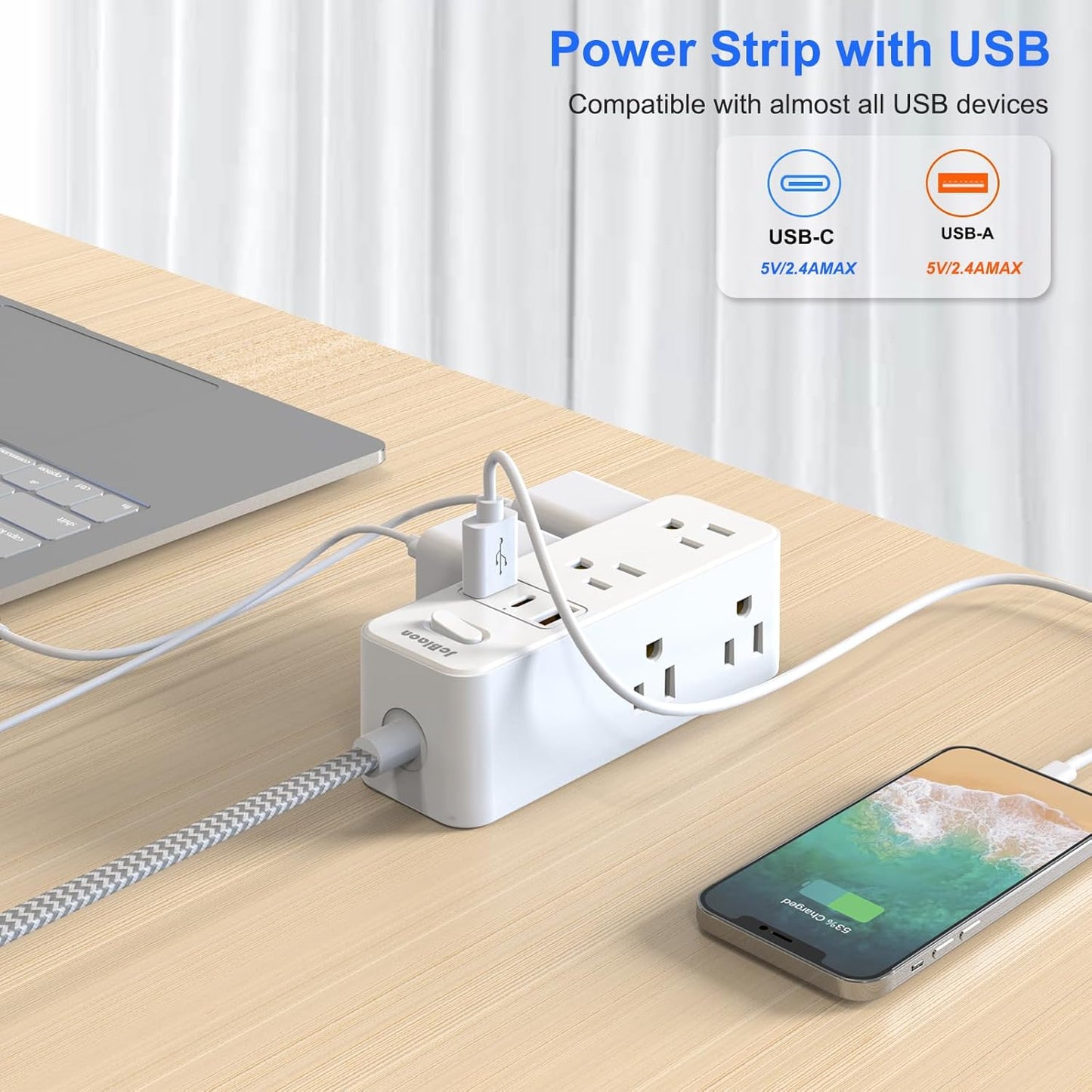 Extension Cord with Multiple outlets, 10 Ft Braided Power Cord, 6 Widely Outlets with 3 USB Ports (1 USB C), Ultra Thin Flat Plug, 3 Sided 1050J Power Strip Surge Protector for Home Travel Office