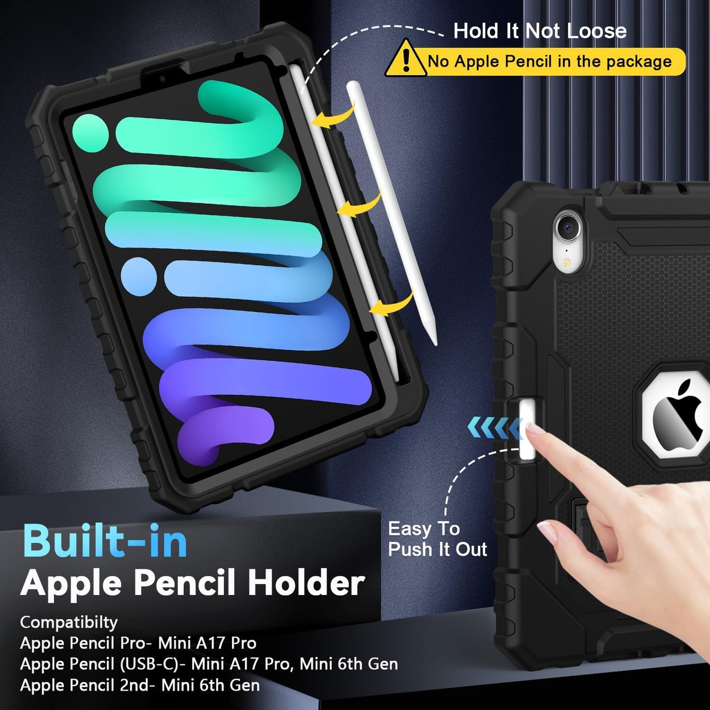 Grifobes Case for iPad Mini 7 (A17 Pro) 2024 / Mini 6 2021 8.3 inch, Heavy Duty Shockproof Rugged Cover with Pencil Holder Stand, for I Pad Mini 7th/6th Gen 8.3" Case for Kids Boys (Black)