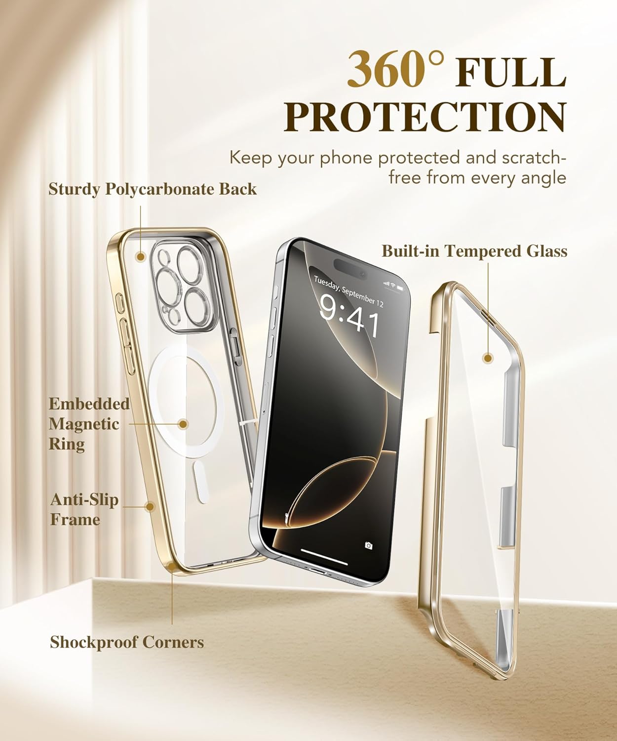 BERFY Magnetic for iPhone 16 Pro Max Case, Compatible with MagSafe, [Built-in 9H Tempered Glass Screen Protector & Upgraded Camera Protection] Full Body Plating Phone case for 16 Pro Max,Titanium Gold