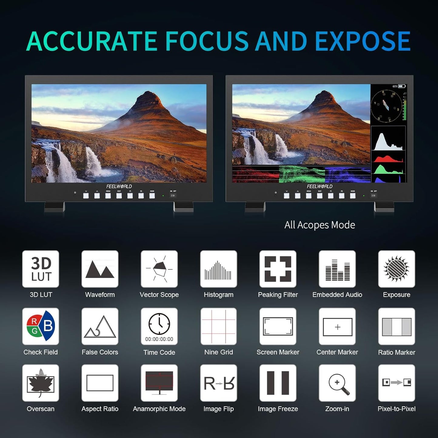 FEELWORLD FVM215 21.5 Inch 1000nit High Bright Production Broadcast Studio Monitor with Waveform LUT 8 Bit Color Depth 4K60Hz HDMI 3G-SDI in and Out