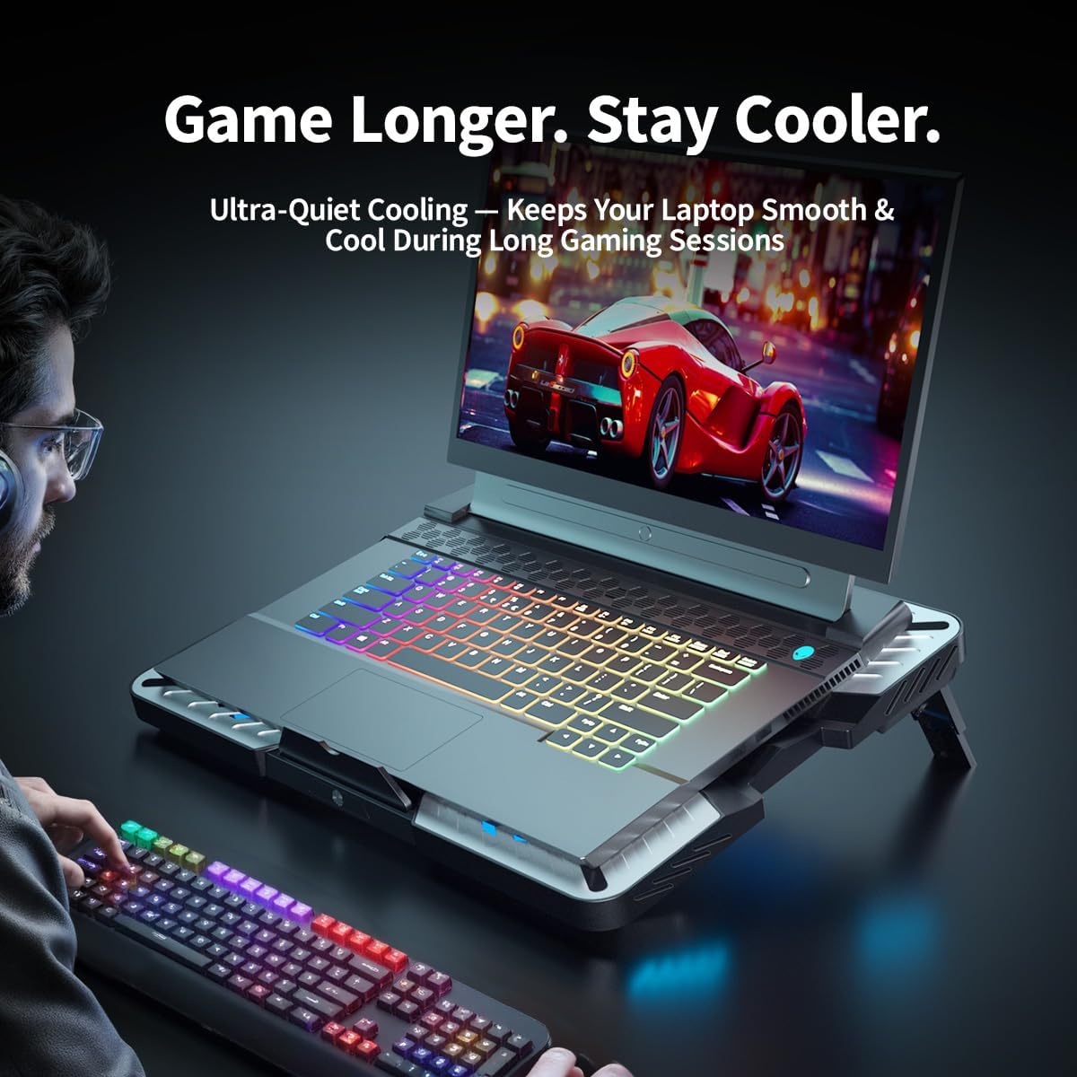 IMMOENUC Laptop Cooling Pad with 5 Fans & Peltier Device Ultra-Quiet Semiconductor Panel Cooler Stand, Adjustable Speed + Stand for 13-19 Inch Laptops (MacBook/Dell/HP) Fast Cooling Notebook