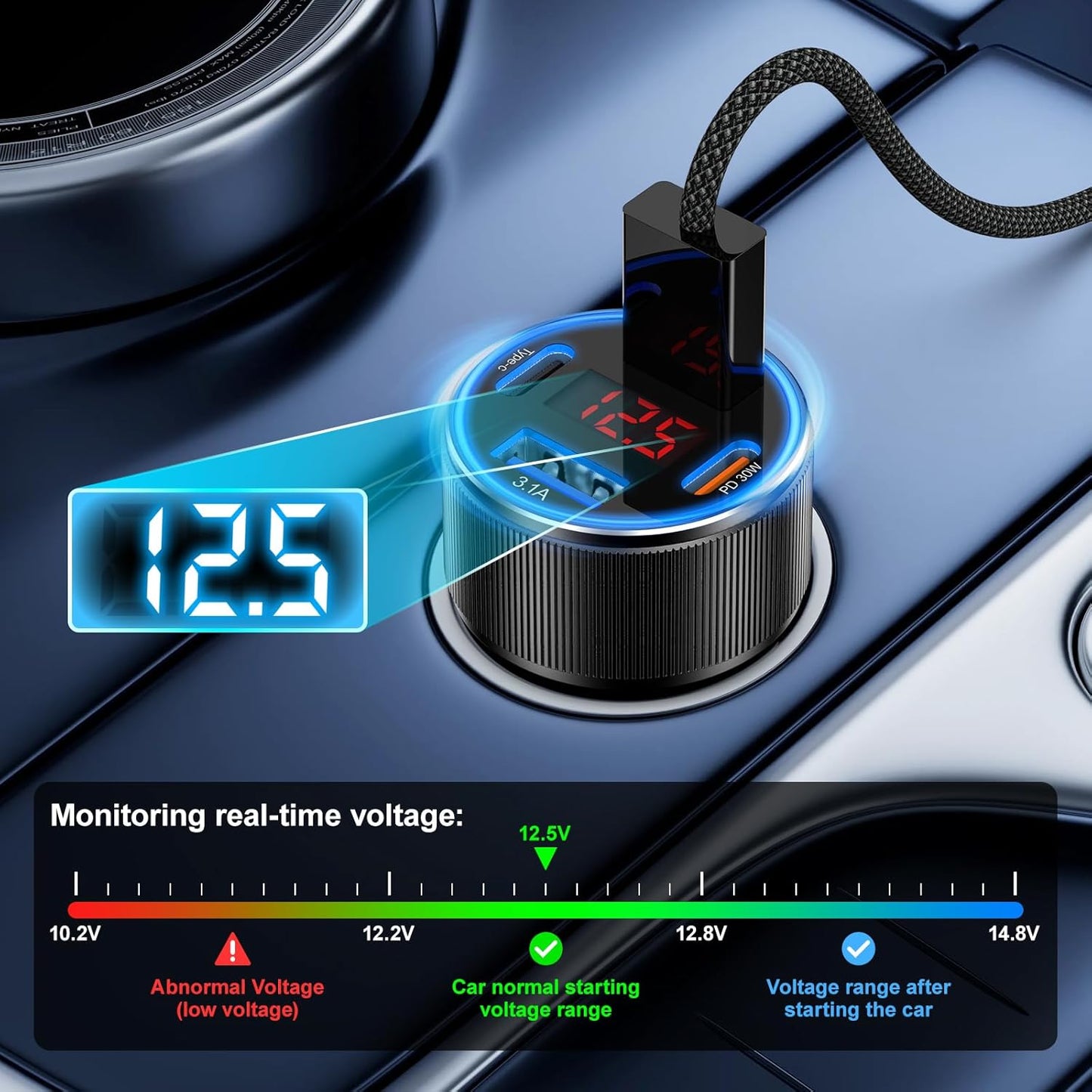 Car Charger for iPhone 16 15 Pro Max, Besgoods 4-Port Cigarette Lighter Adapter USB C & USB A Car Phone Charger Fast Charging Voltmeter for Galaxy S24 S23 A15 A54 Android, 6ft USB C to C Cable