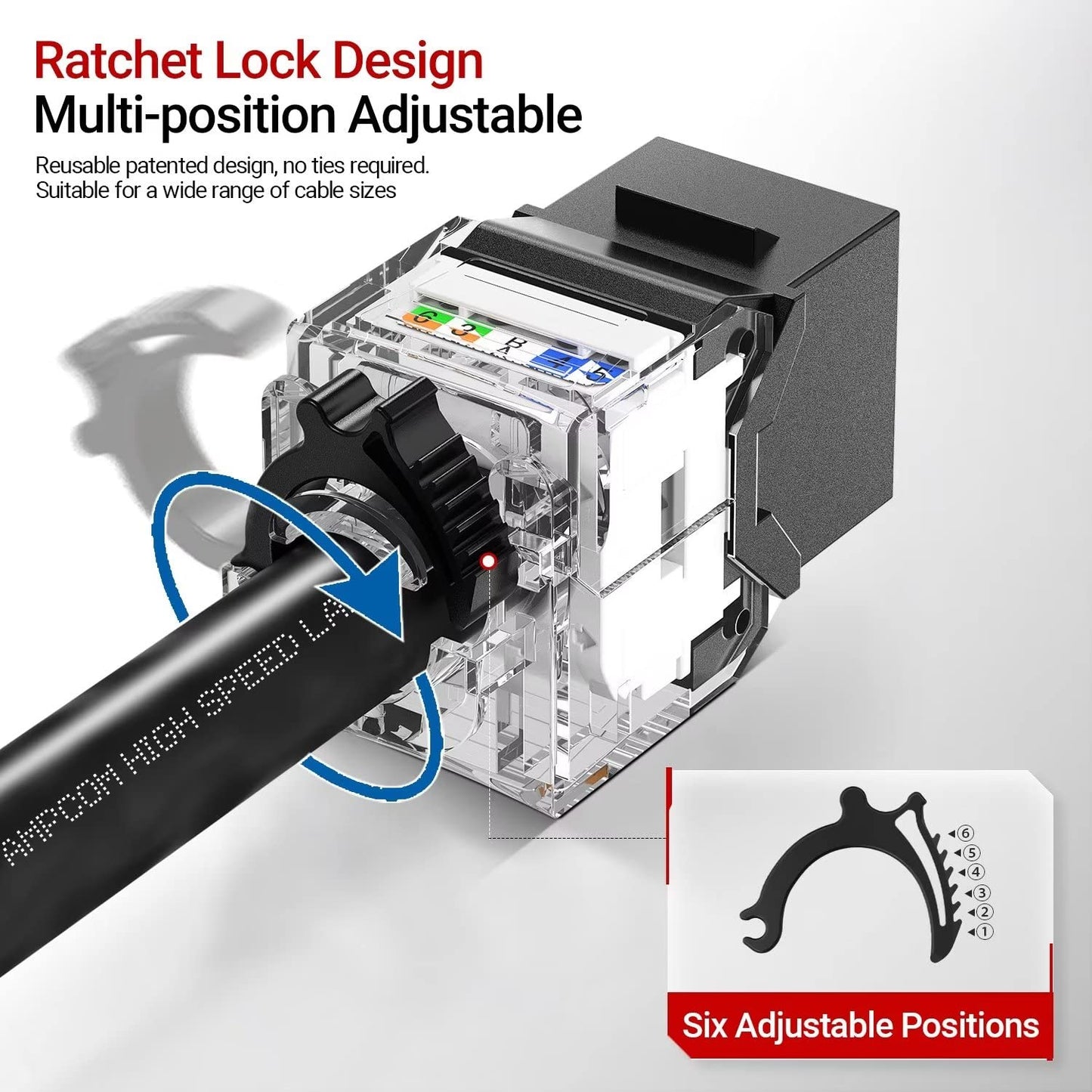 AMPCOM CAT6A UTP RJ45 Keystone Jack 50u Gold Plating Reusable Ethernet Wall Jack with Adjustable Ratchet Lock (No Tool and Zip Tie Required) - Black (12-Pack)