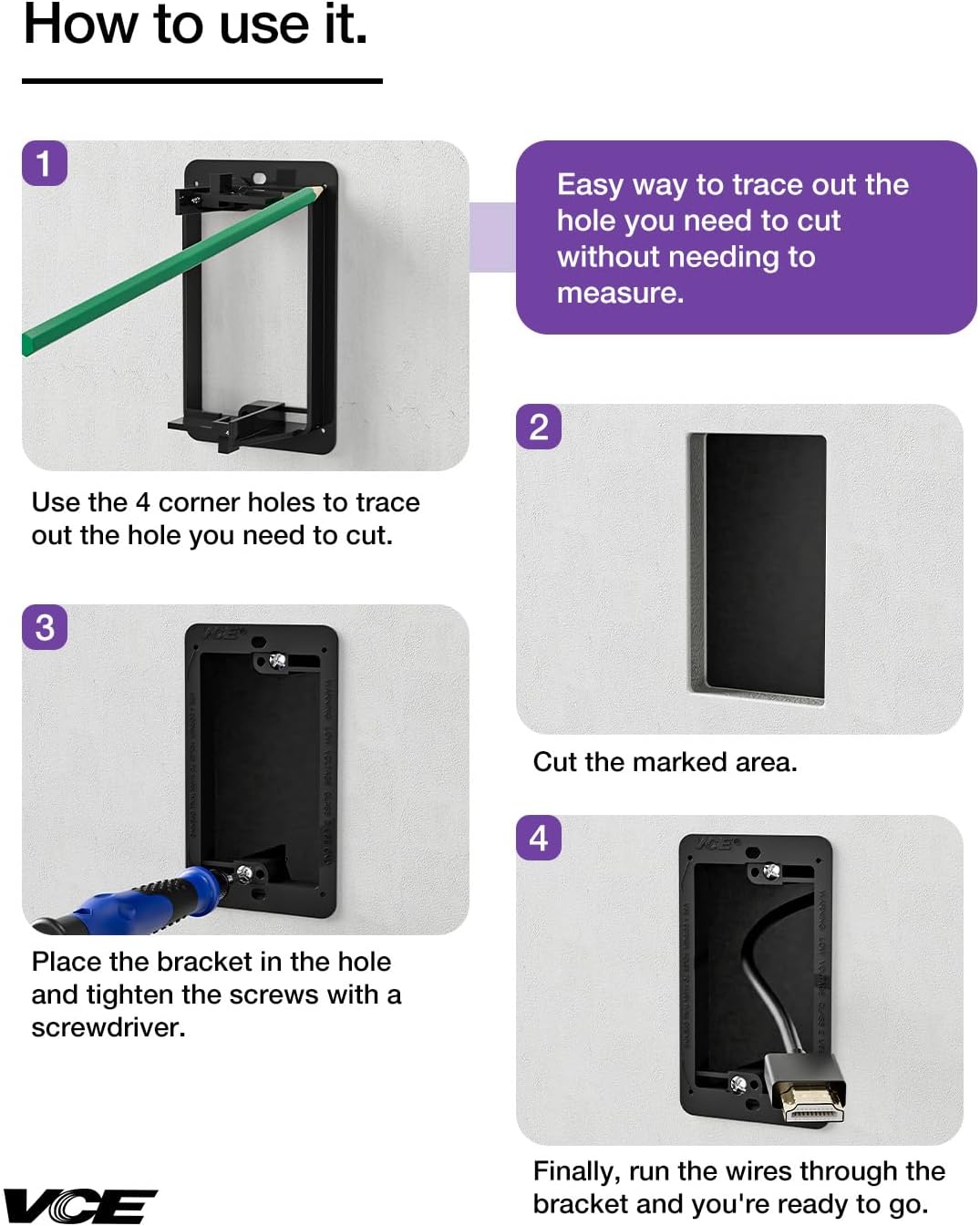 VCE Low Voltage Mounting Bracket (1 Gang, 5 Pack) for Single Gang Wall Plate, Telephone Wires, Network Cables, HDMI, Coaxial, Speaker Cables, Black
